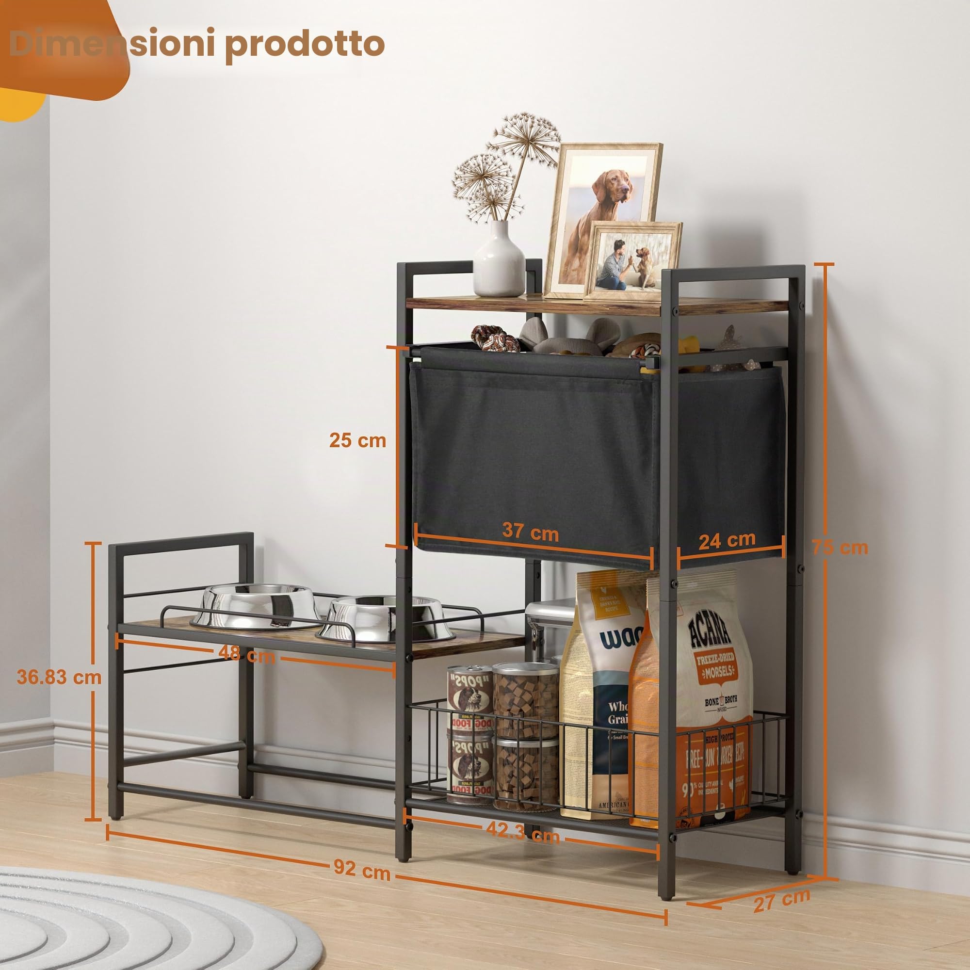 Bikoney Supporto Rialzato per Ciotole Cani con Cestino, Solo Supporto | Altezza Regolabile per Postura Corretta, Cestino Salvaspazio, per Cani Medi e Grandi, Struttura Stabile