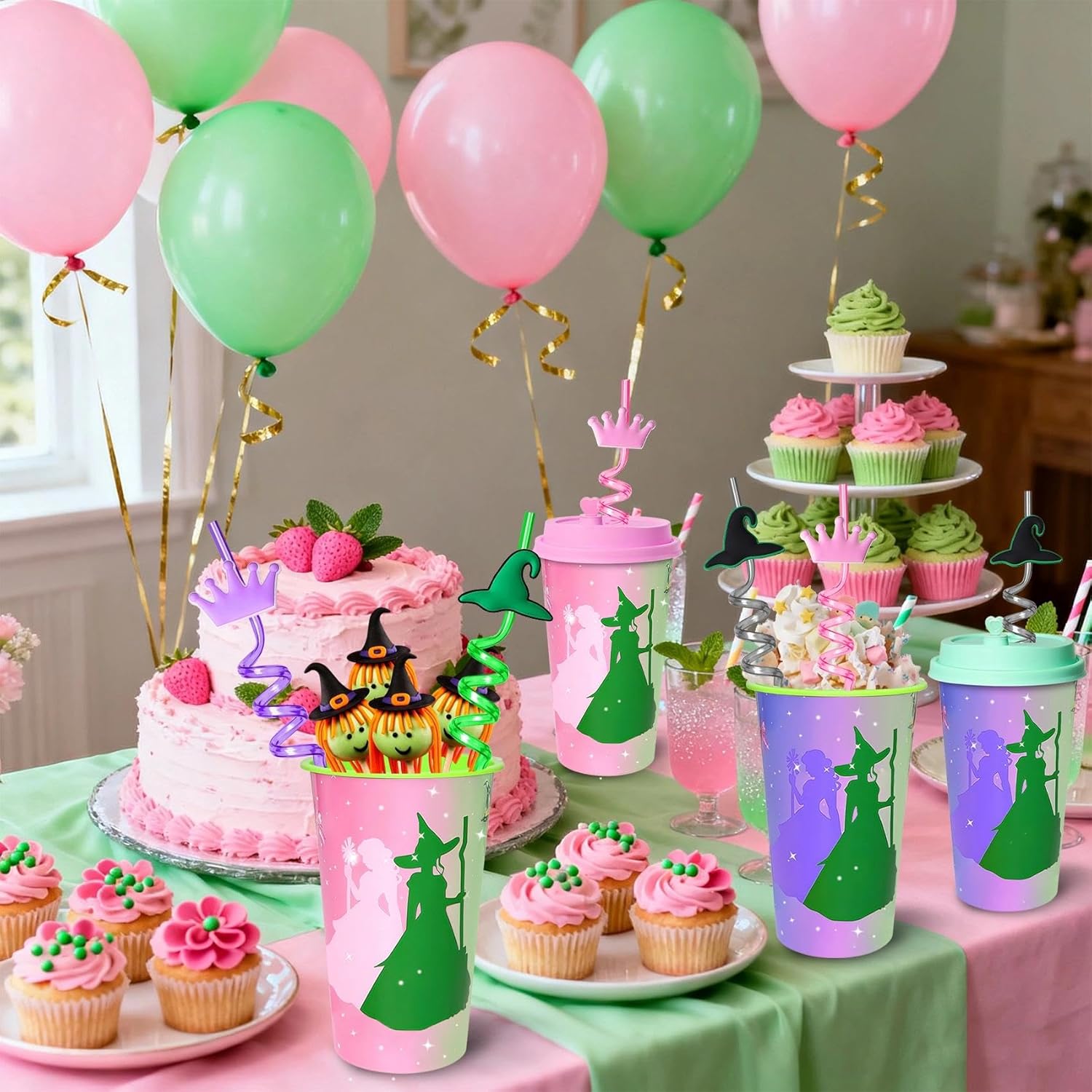 AFZMON Pack of 24 Witch Party Favors Cups with Straws Bulk, 16OZ Pink and Green Plastic Cups, Change for Good Birthday Party Decorations Goodie Bags Stuffers Supplies Gifts for Kids - Image 5