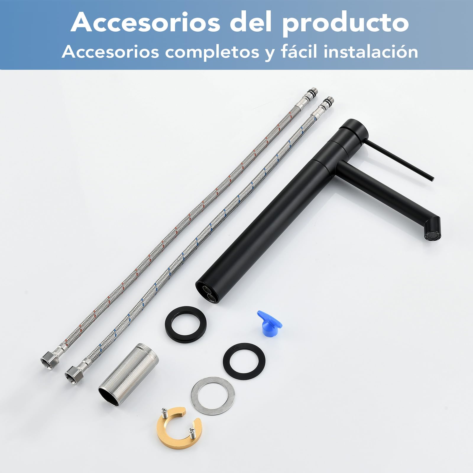 Grifo de Lavabo Elevado, Grifo de Baño 222 MM, con Aireador Extraíble y Cartucho Cerámico, Giro de 360°, Mezclador de un Solo Mango para el Lavabo del Baño, para Lavabos Elevados de Baño, Negro
