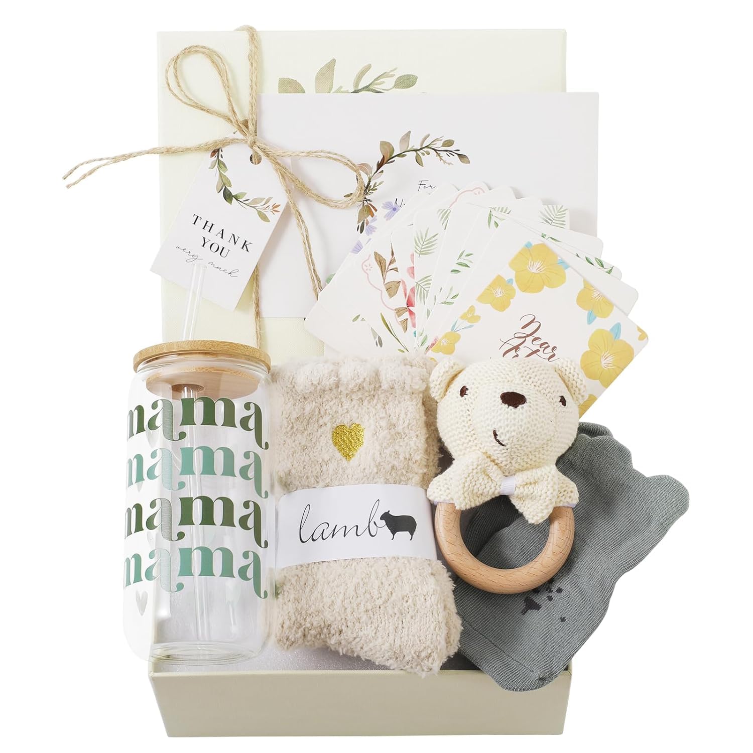 WOODEN TEETHER 7-częściowy zestaw upominkowy dla mamy i dziecka, prezent dla dziewczynki, chłopca, z kartką mamy, grzechotka dla niemowląt, słomka, skarpetki, kartka z życzeniami, prezent dla