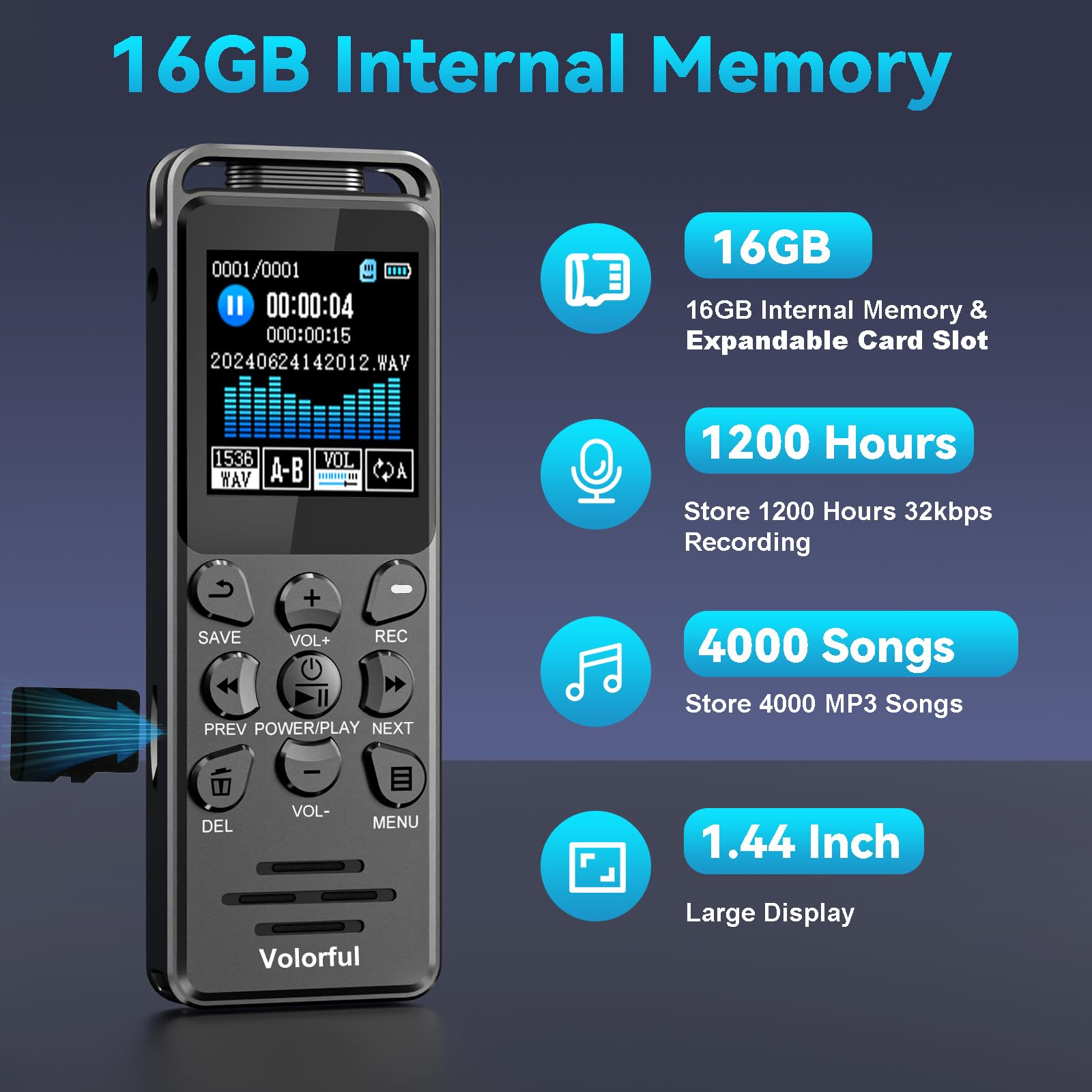 16GB Diktiergerät, Aufnehmen/Speichern mit einem Tastendruck