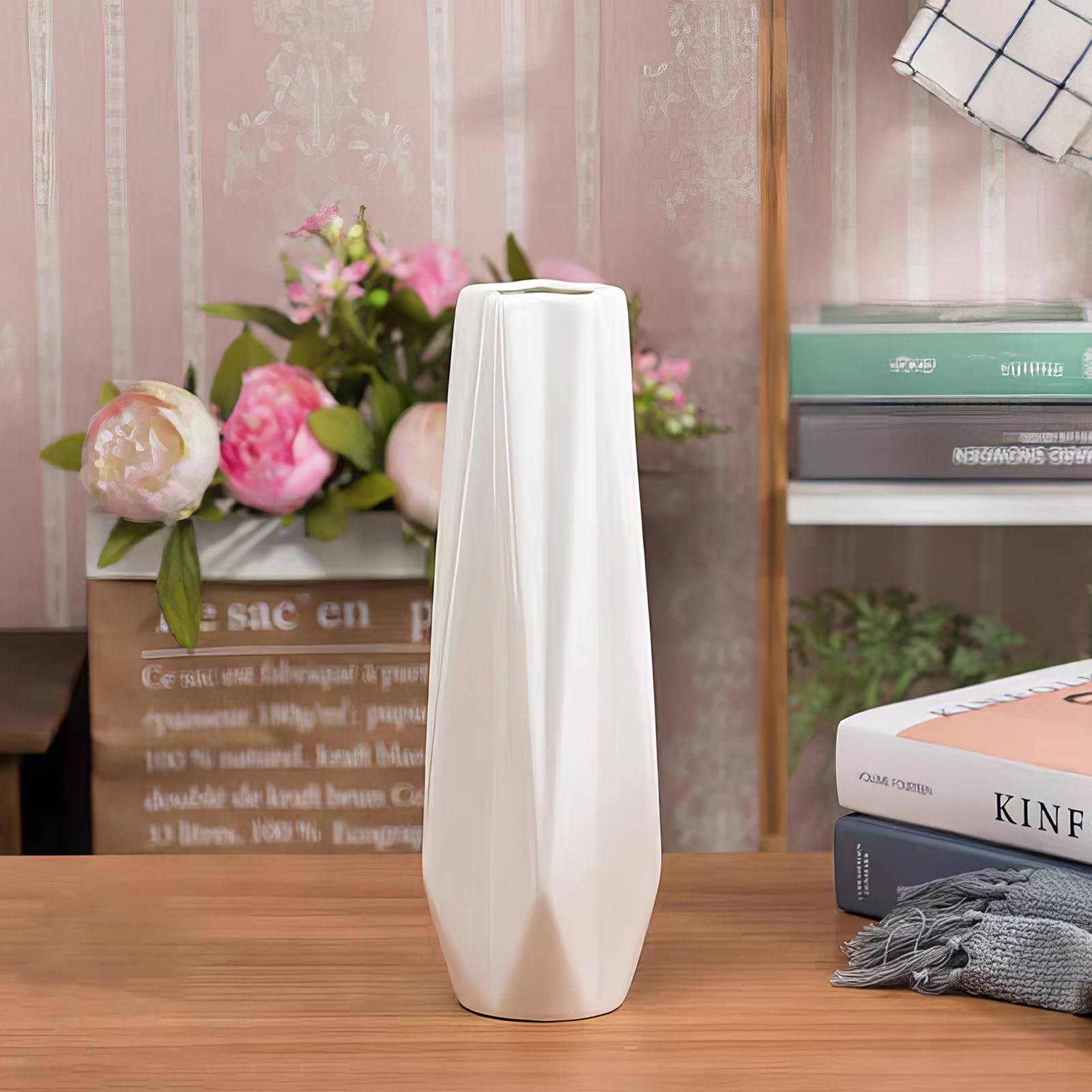 DJYY White Ceramic Vase, 12 Inch Tall Modern Decorative Vase for Pampas Grass Minimalist Flower for Home Decor Table Centerpieces