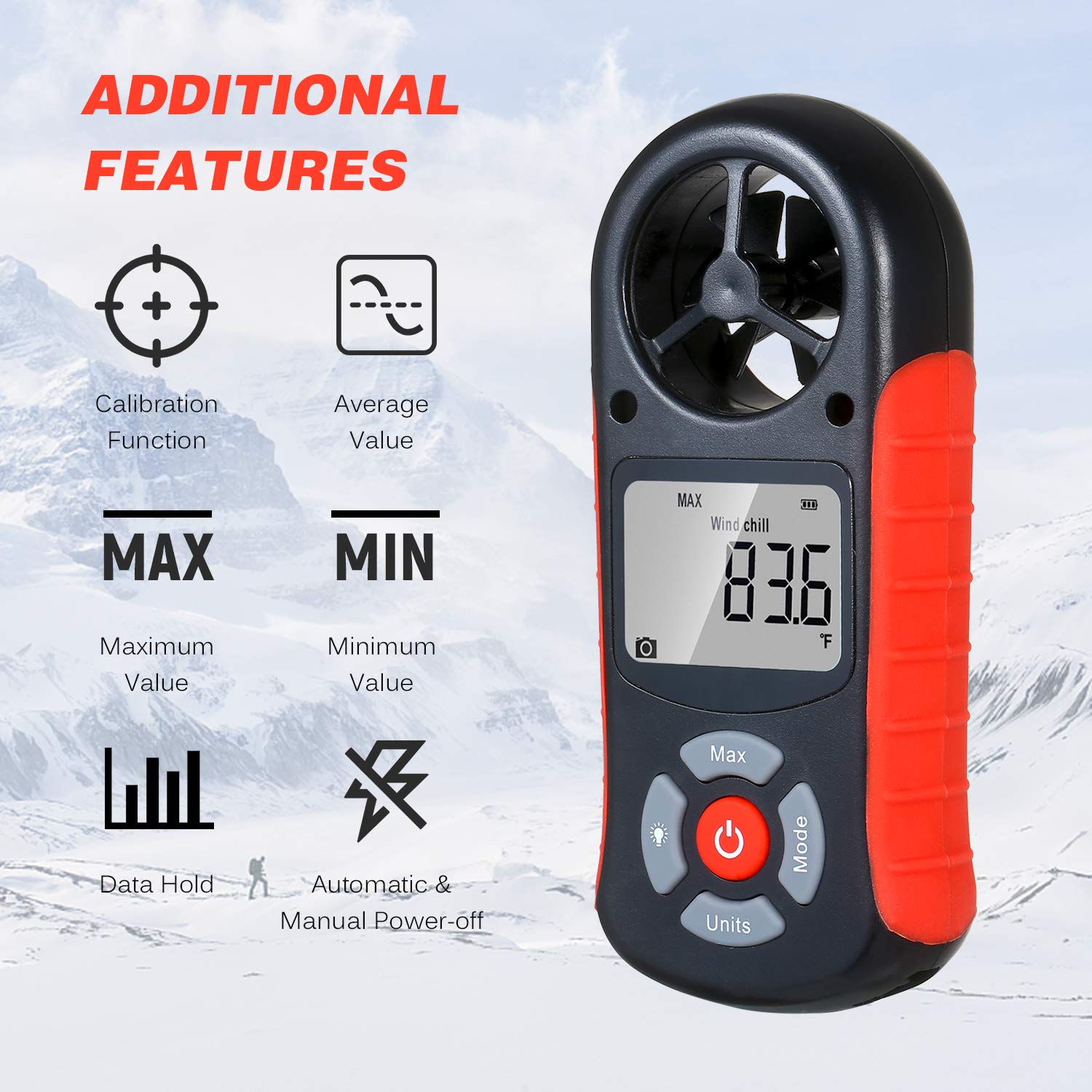 Irfora 8-in-1-Handheld-Digitalanemometer Windgeschwindigkeit/Windkälte/Temperatur/Luftfeucgkeit/Wärmeindex/Taupunkt/Luftdruck/Höhenmesser Digitaler Meteorograph mit