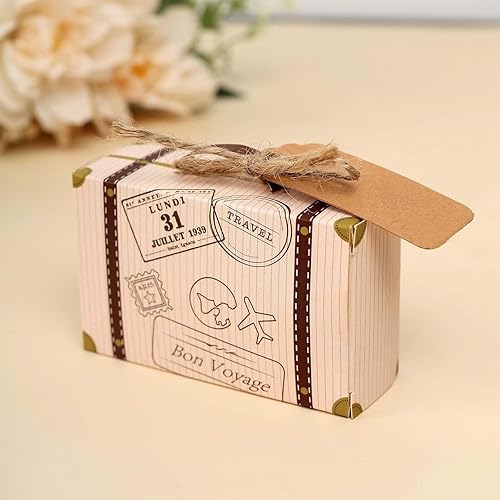 Efavormart - 24 cajas de regalo para maletas de avión vintage de 2 x 3 pulgadas, cajas de dulces con asas y etiquetas