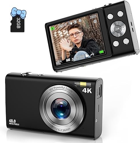 Cámara digital, FHD 4K Autofocus Vlogging Cámara 48MP 16X Zoom digital Cámara digital con tarjeta de memoria de 32 GB YouTube Cámara pequeña