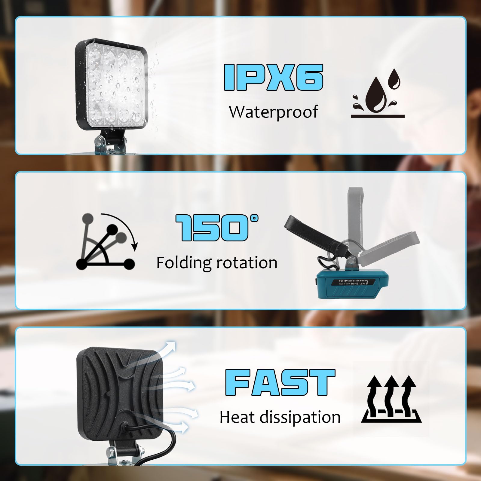 Lámpara a Batería para BOSCH 18V, 48W 3800Lm, Luz de Trabajo LED Inalámbrica con Puerto de Carga USB y Type C, Luces de Trabajo Portátiles Recargables, Foco LED Bateria, Foco de Trabajo LED para Obras