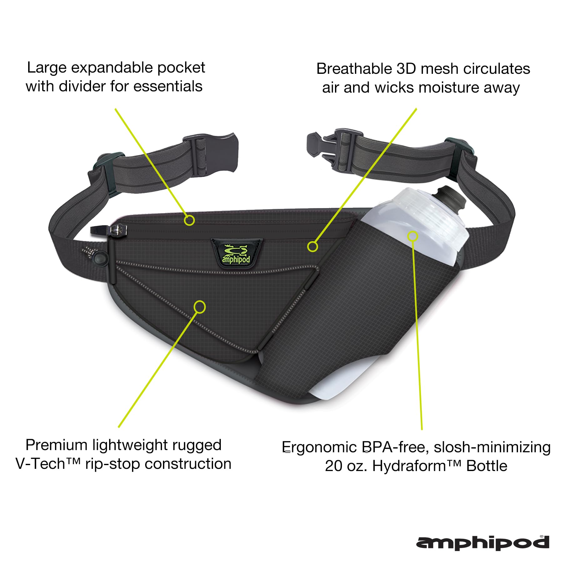 Amphipod Profile-Lite 20 Flaschen Pack Runners Waist & Hydration Belt, 5K/10K, Endurance & Ultra Running, Herren & Damen (590 ml), Dunkelgrau, Einheitsgröße, Profile Lite Hüfttasche für 20 Flaschen