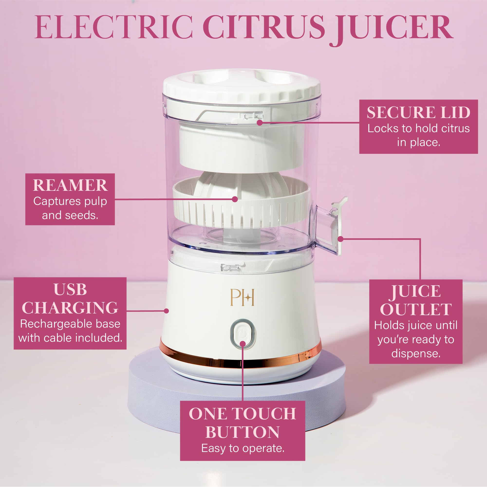 Paris Hilton Exprimidor eléctrico de cítricos, mini exprimidor inalámbrico portátil con base recargable por USB, botón de un solo toque, exprimidor compacto de limón, lima y naranja, blanco