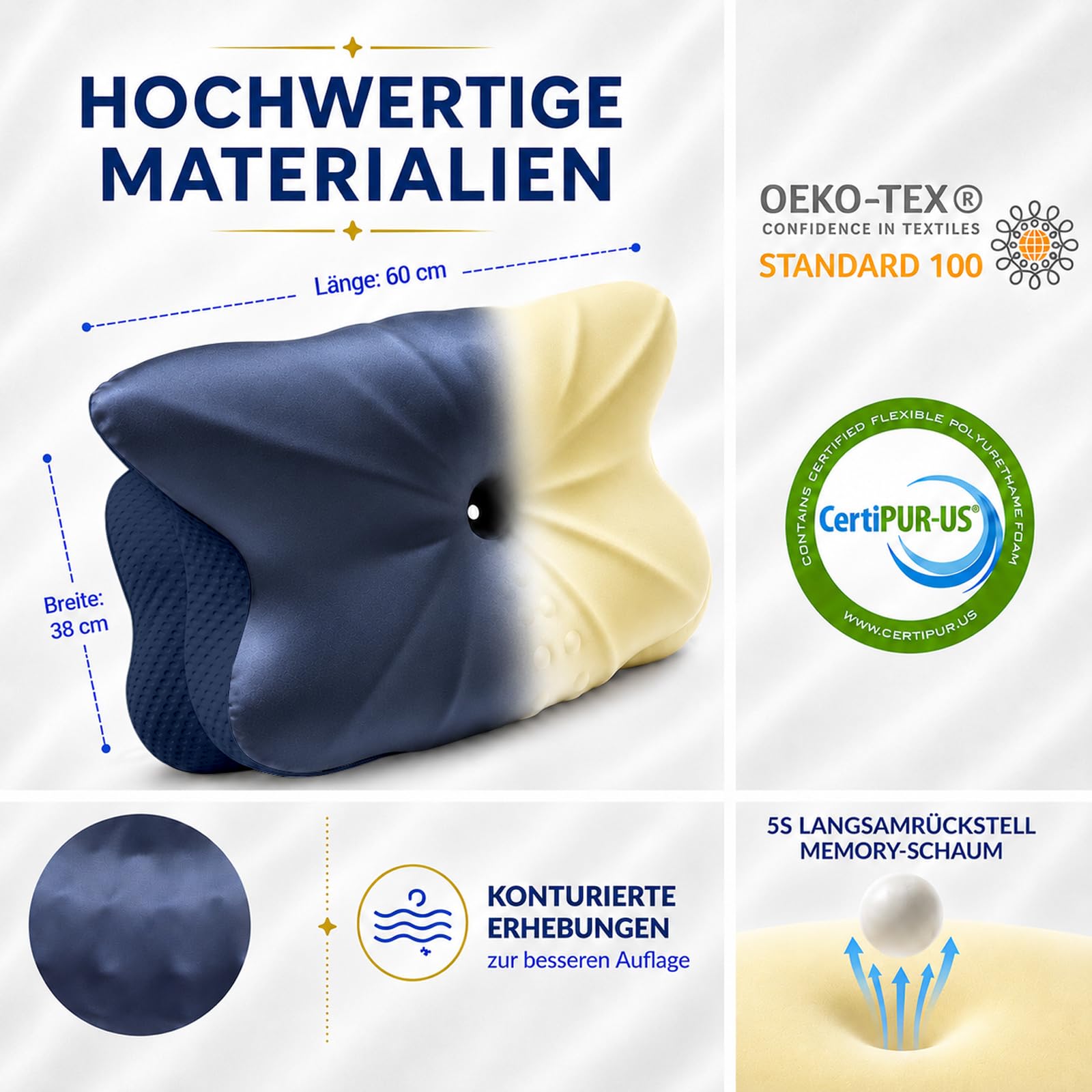 Ergonomisches Kopfkissen - Zwei Höhen Seitenschläferkissen mit Kühlender Eisseide-Bezug, OEKO-TEX STANDARD 100 Memory Foam Nackenkissen für Seiten, Rücken & Bauchschläfer, Mitternachtsblau