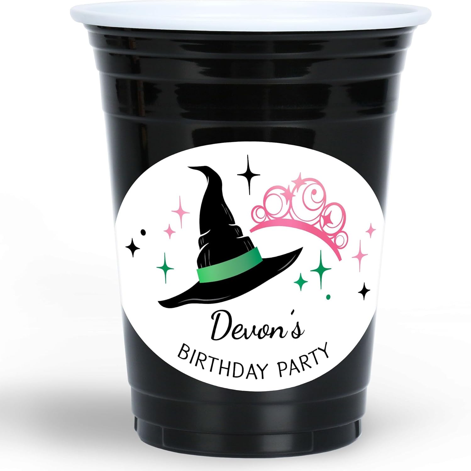 Big Dot of Happiness Custom Witch Cups, 16oz Disposable Drinkware, Pink and Green Birthday or Halloween Party Table Decor, Custom Party Cups (Black) & Personalized Stickers - 16 Pack