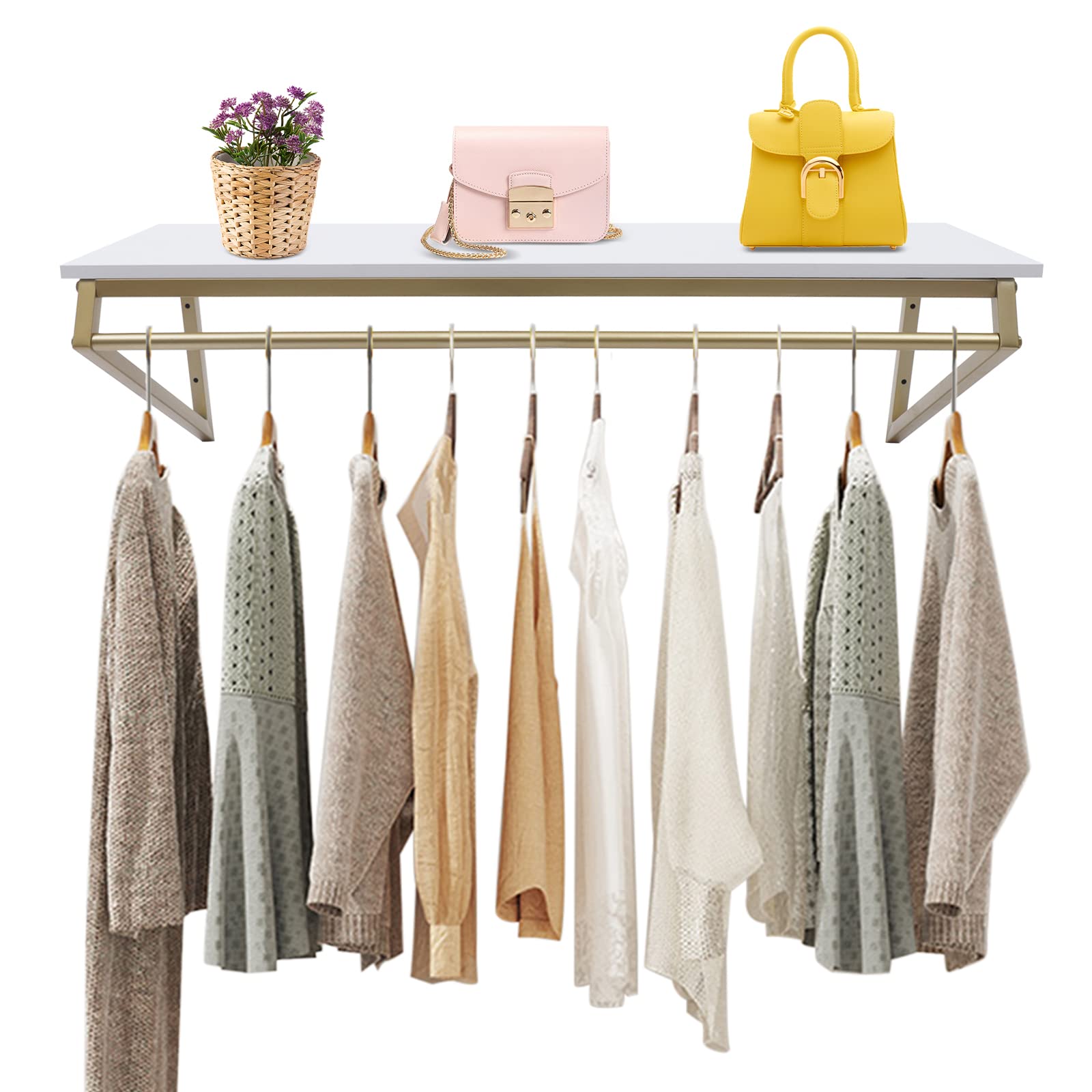 FTUREPAC Wall-Mounted Clothing Rack with Top Shelf, Heavy Duty Industrial Clothing Rack, Display Hanging Clothes Rack, Industrial Pipe Wall Mounted Garment Rack, Space Saving, Gold