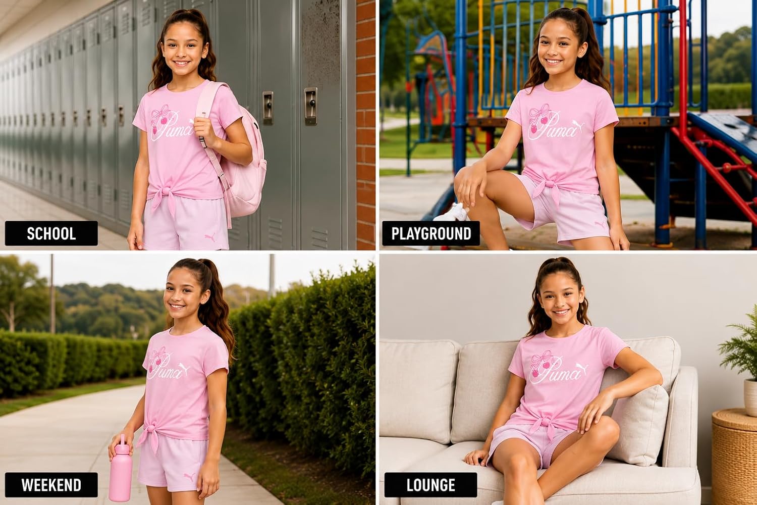 PUMA Girls Shorts Set - 2 Piece Active Performance T-Shirt with Gym Shorts