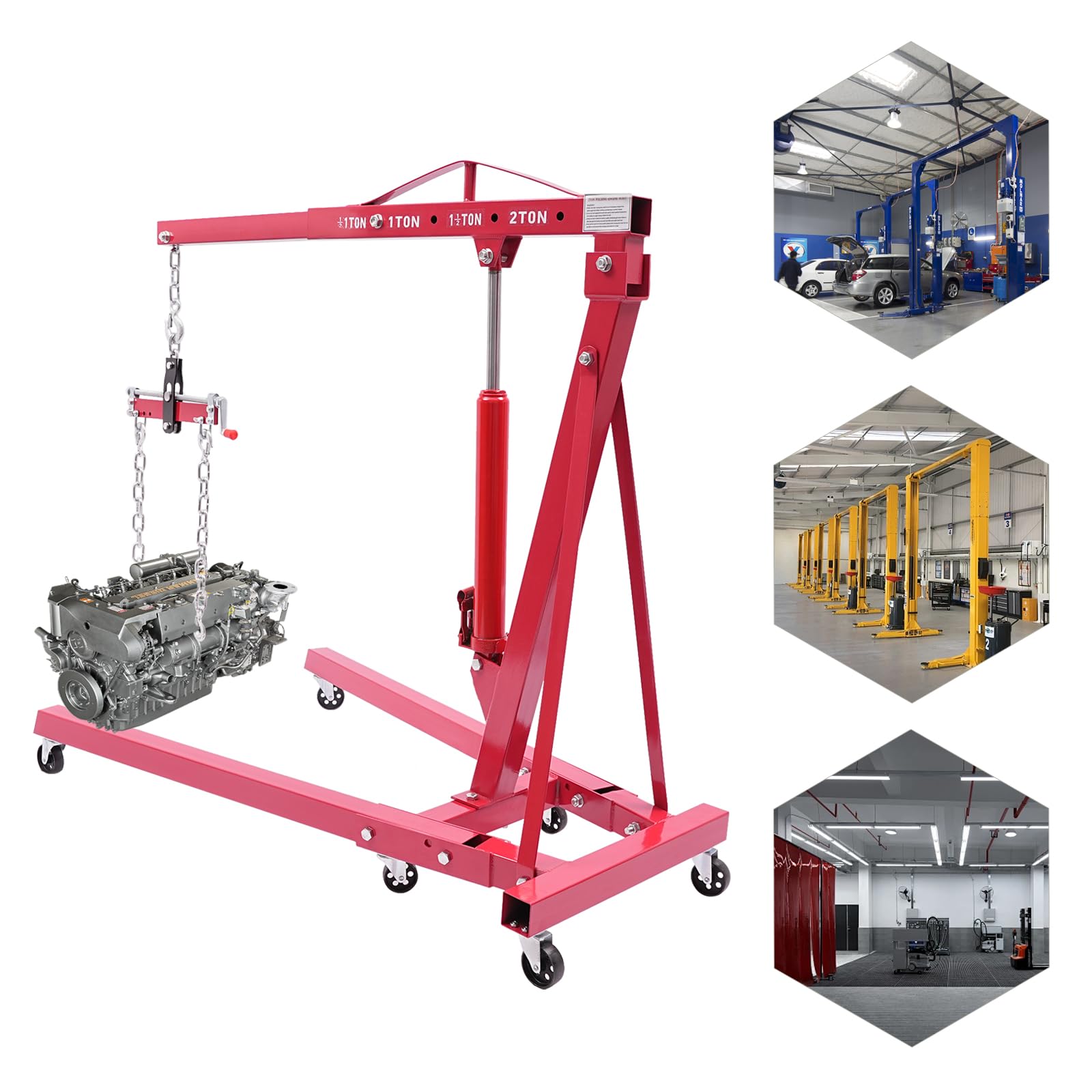 2 Ton Hydraulic Engine Lift, Folding Hydraulic Crane with 6 Wheels, Folding Hydraulic Crane with Red Engine Leveler for Garages, Workshops (4400lbs)