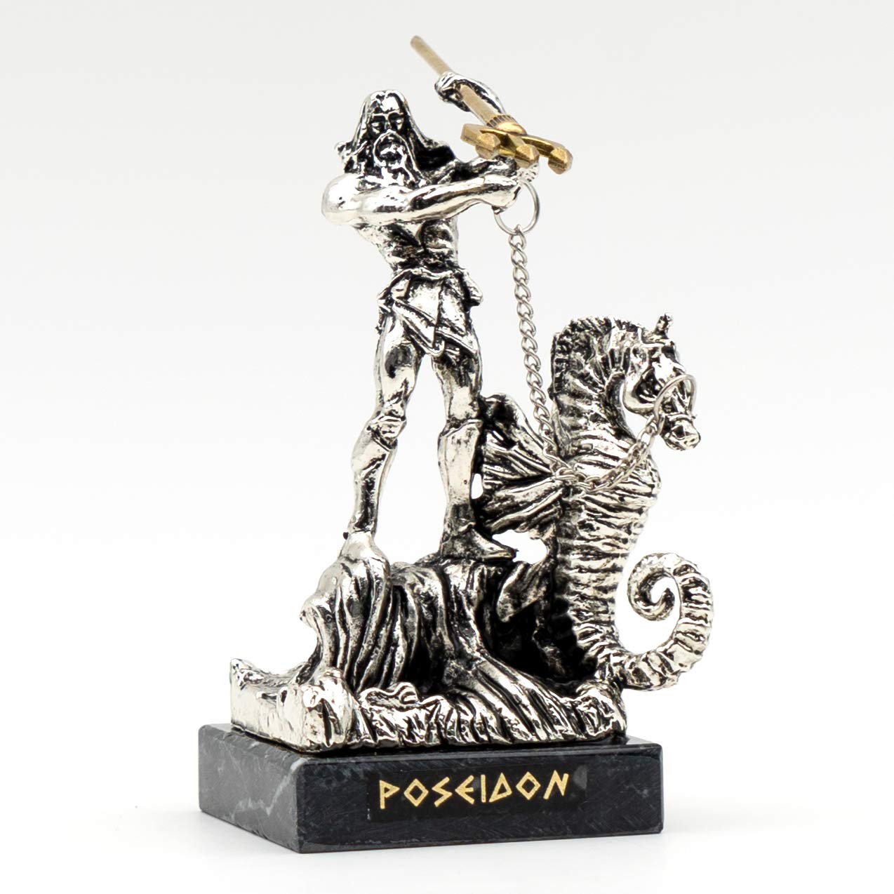 Helcee Handmade Silver Patina Poseidon Statue on Black Marble Base 4 in