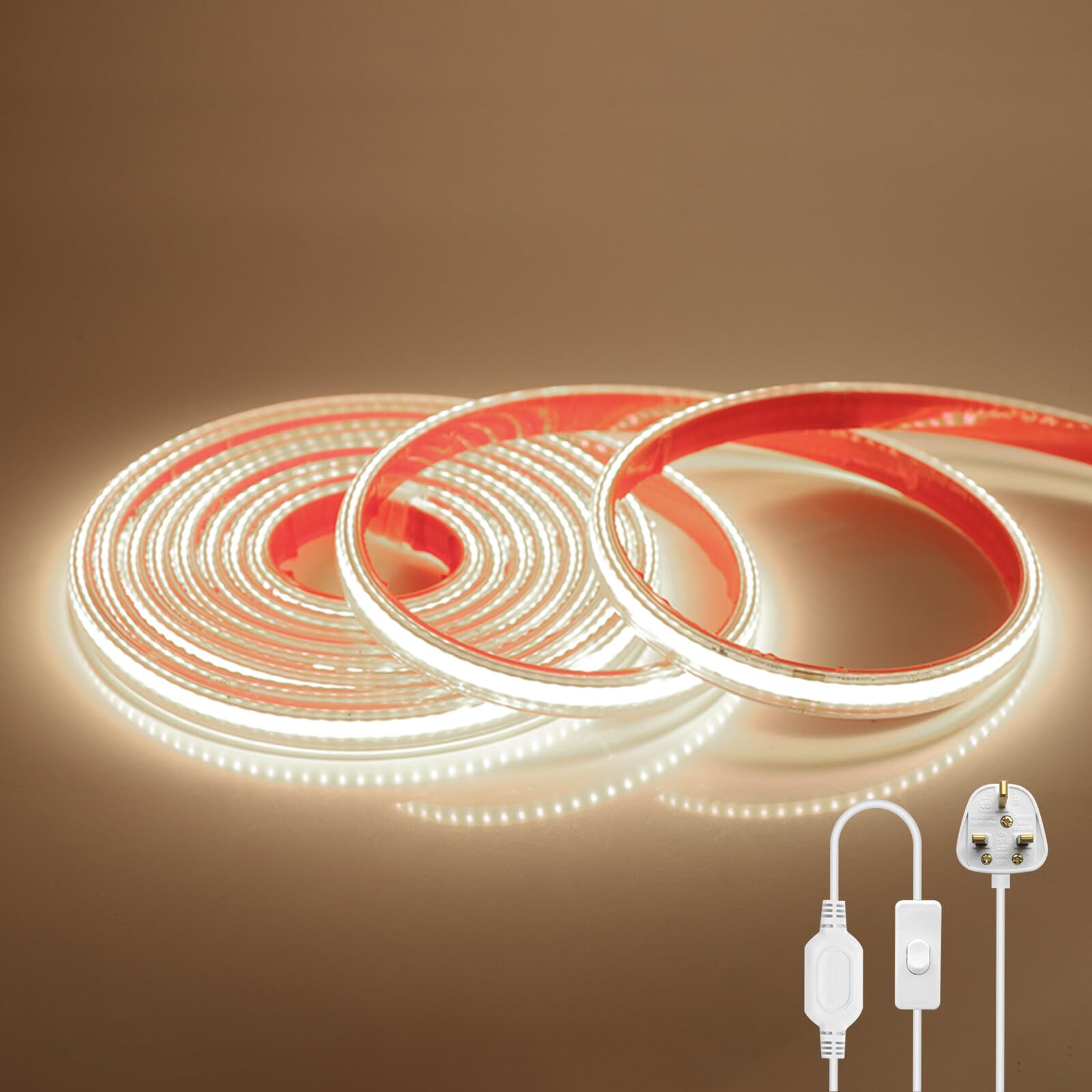 KAFULA 220V COB LED Light Strip with On/Off [8M, Natural White 4000-4500K],IP65 Waterproof Flexible,288 LEDs/m Cuttable FCOB LED Rope Light CRI85+,Double-Sided Tape Adhesive,Home/Store Decoration — image 1