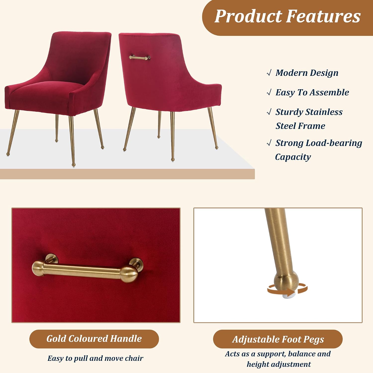 Clihome Velvet Dining Chairs Set of 2 with Gold Legs, Upholstered Velvet Bar Chairs Stools for Kitchen Counter with Back and Gold Pull Trim for Kitchen Dining Room, Red