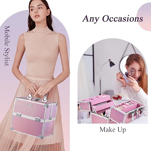 Miniatura 7 de Frenessa Estuche organizador de maquillaje estuche organizador de cosméticos caja de almacenamiento portátil de viaje 4 bandejas con divisores