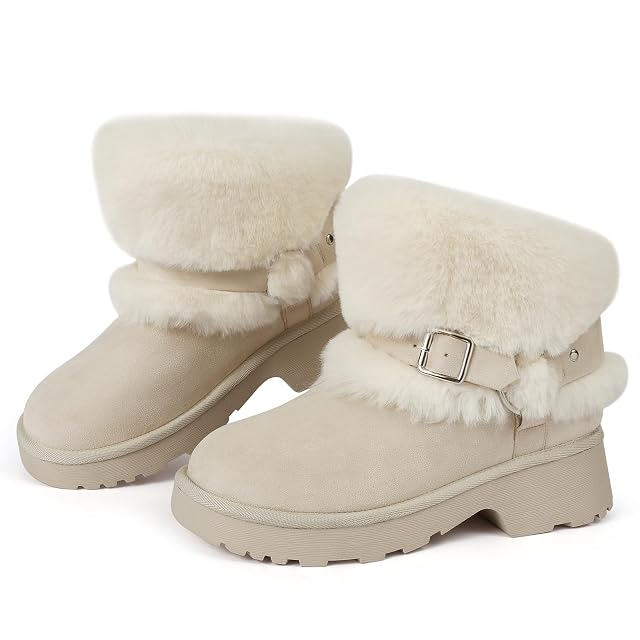 Goldnut Furry Winter Beige Boots for Women Block Heels Platform Buckle Slip On