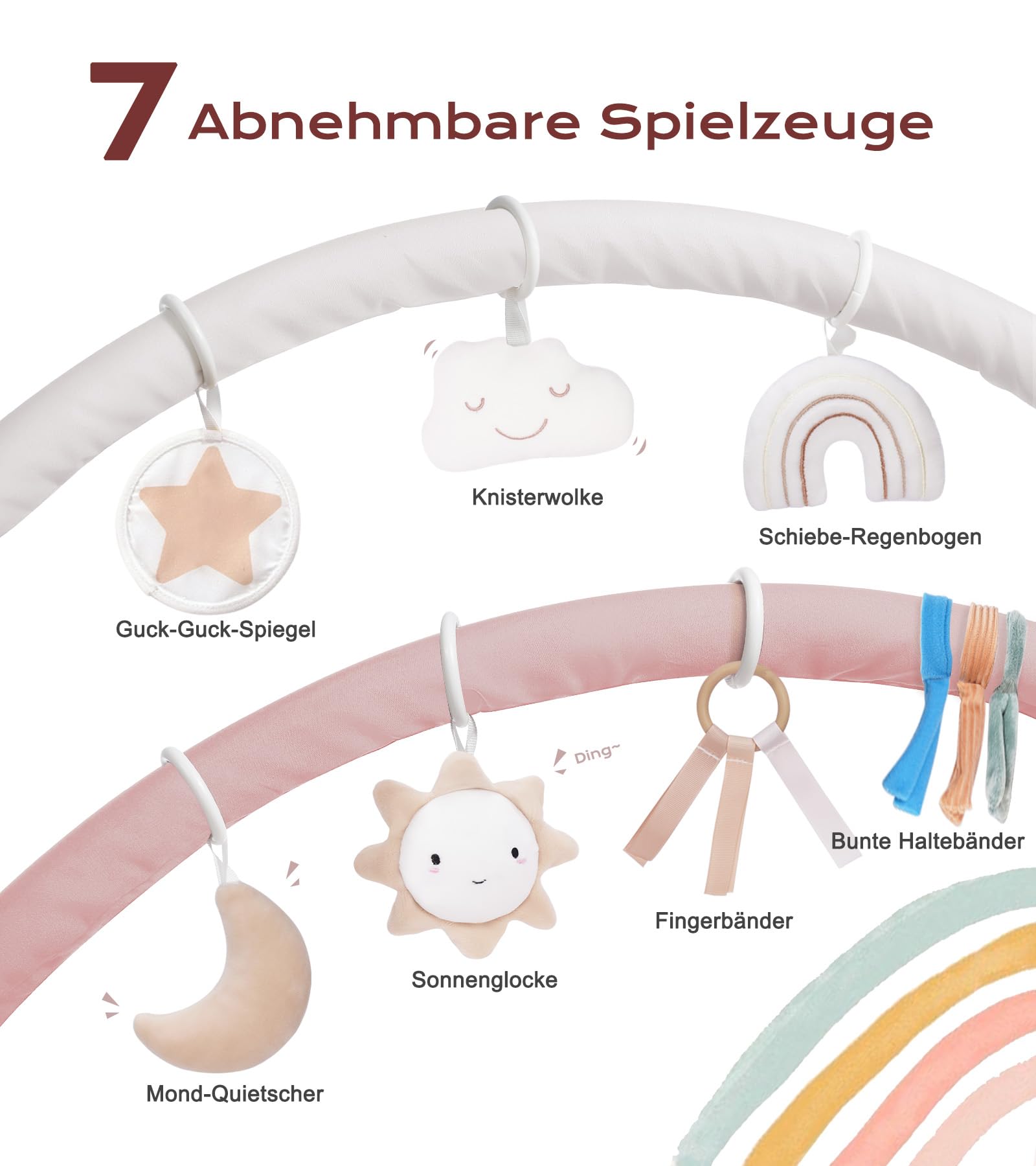 Mallify Spielbogen Baby Mädchen, Krabbeldecke für Baby mit 7 abnehmbaren sensorischen Spielzeugen und 12 Meilensteinkarten, Spieldecke baby ab Geburt, Baby Gym 0-6 Monate, Rainbow
