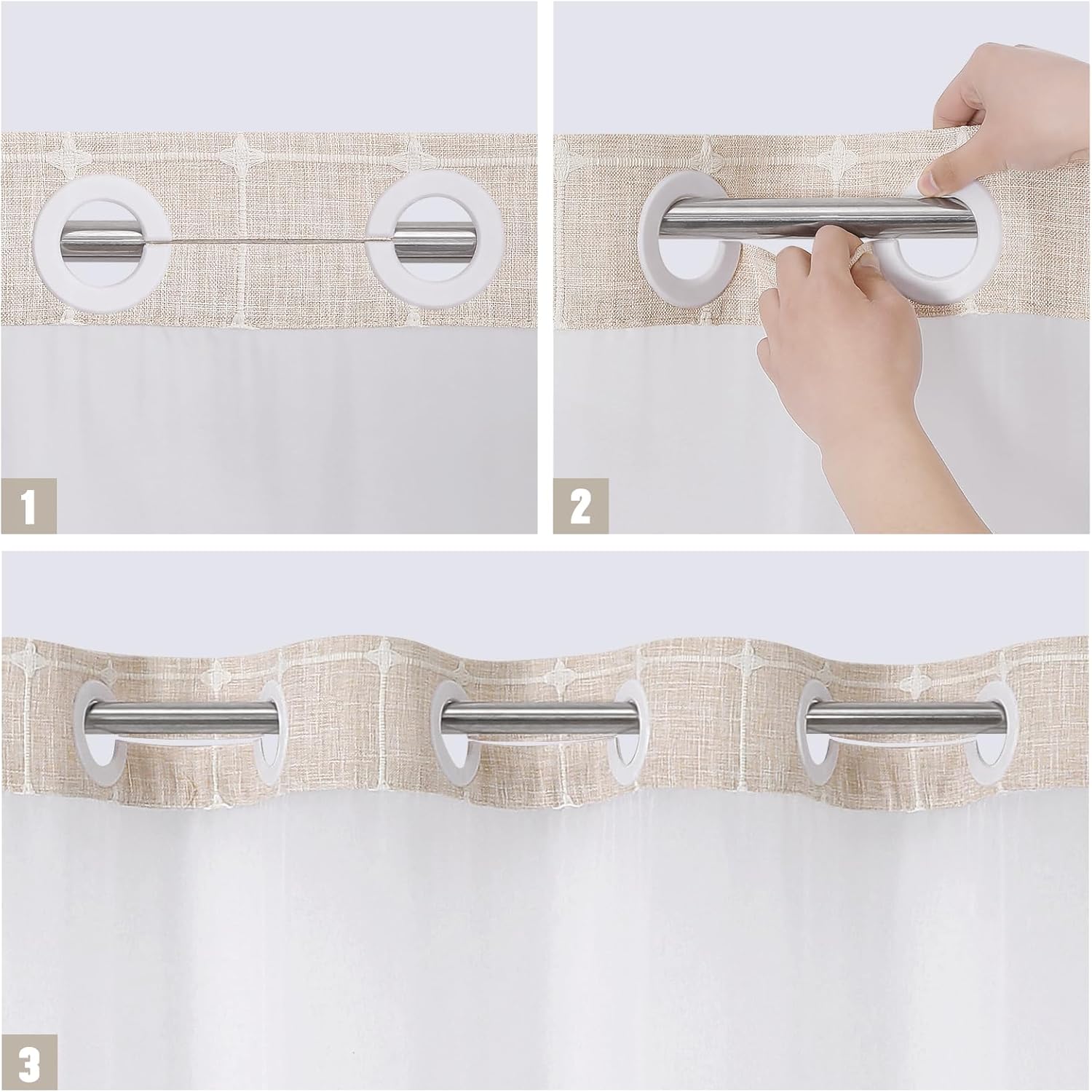MitoVilla No Hooks Required Farmhouse Shower Curtain with Snap-in Liner - with Window & Magnets, Boho Cotton Linen Fabric Shower Curtains with Tassels for Rustic Bathroom Decor, Beige/Cream, 72 x 74