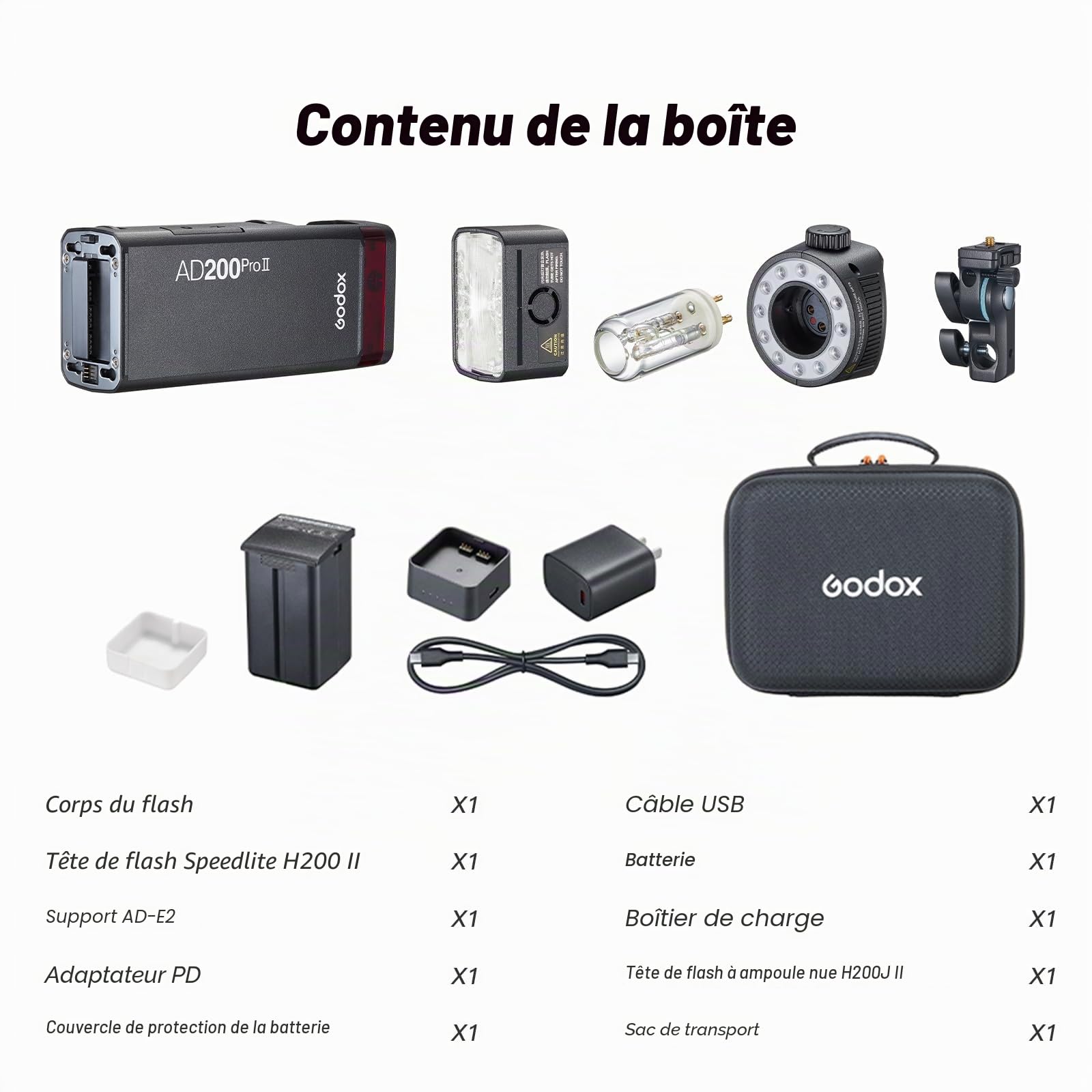 GODOX AD200ProII Flash de poche 200 W 2,4 G, 1/512 à pleine puissance, réglage de la puissance à 10 niveaux, température de couleur en mode constant ± 100 K