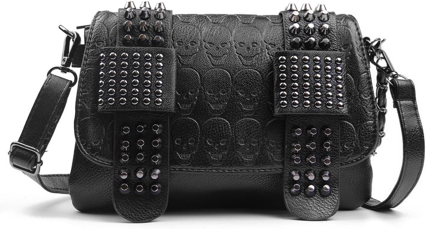 Gothic Skull Rivet Studded Crossbody Bag for Women Ladies PU Leather Messenger Shoulder Bag Wristband Bag Wallet Purse