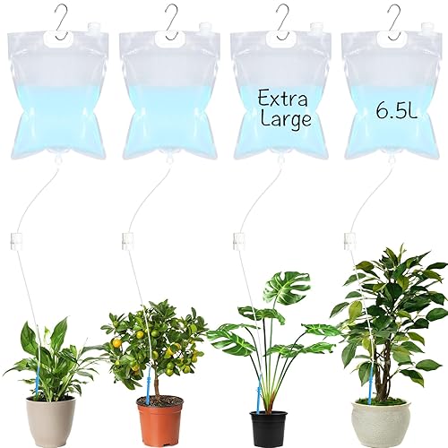 Ziliny 4 bolsas de riego por goteo de plantas extra grandes de 6.5 L, bolsas de riego automáticas, sistema de riego automático con interruptor de