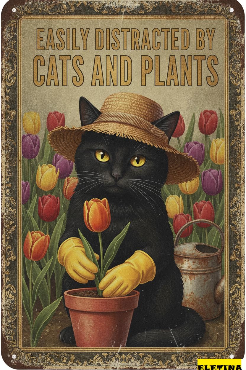 Personalized Sign for Man Cave Garden Cat Outside Easily Distracted By Cats And Plants Vintage Funny Metal Wall Art Home Farmhouse Kitchen Outdoor Gift 8x12inch Private Property Decorative