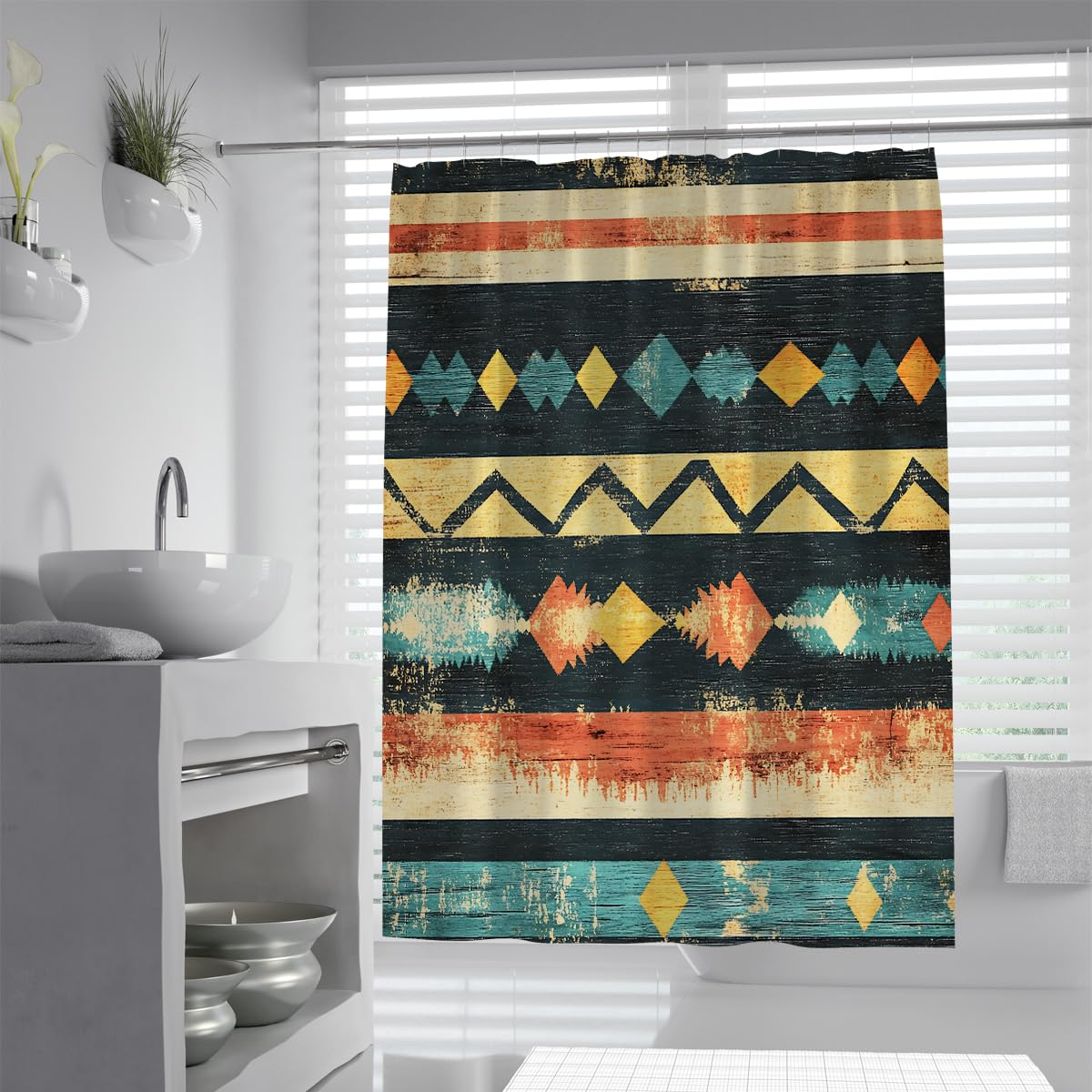 UERWOWELL Vibrant Aztec Style Shower Curtain Zigzag Wave Pattern Fabric Bath Curtains Colorful Diamond Ethnic Style Bathroom Accessories Waterproof W200xL200 cm