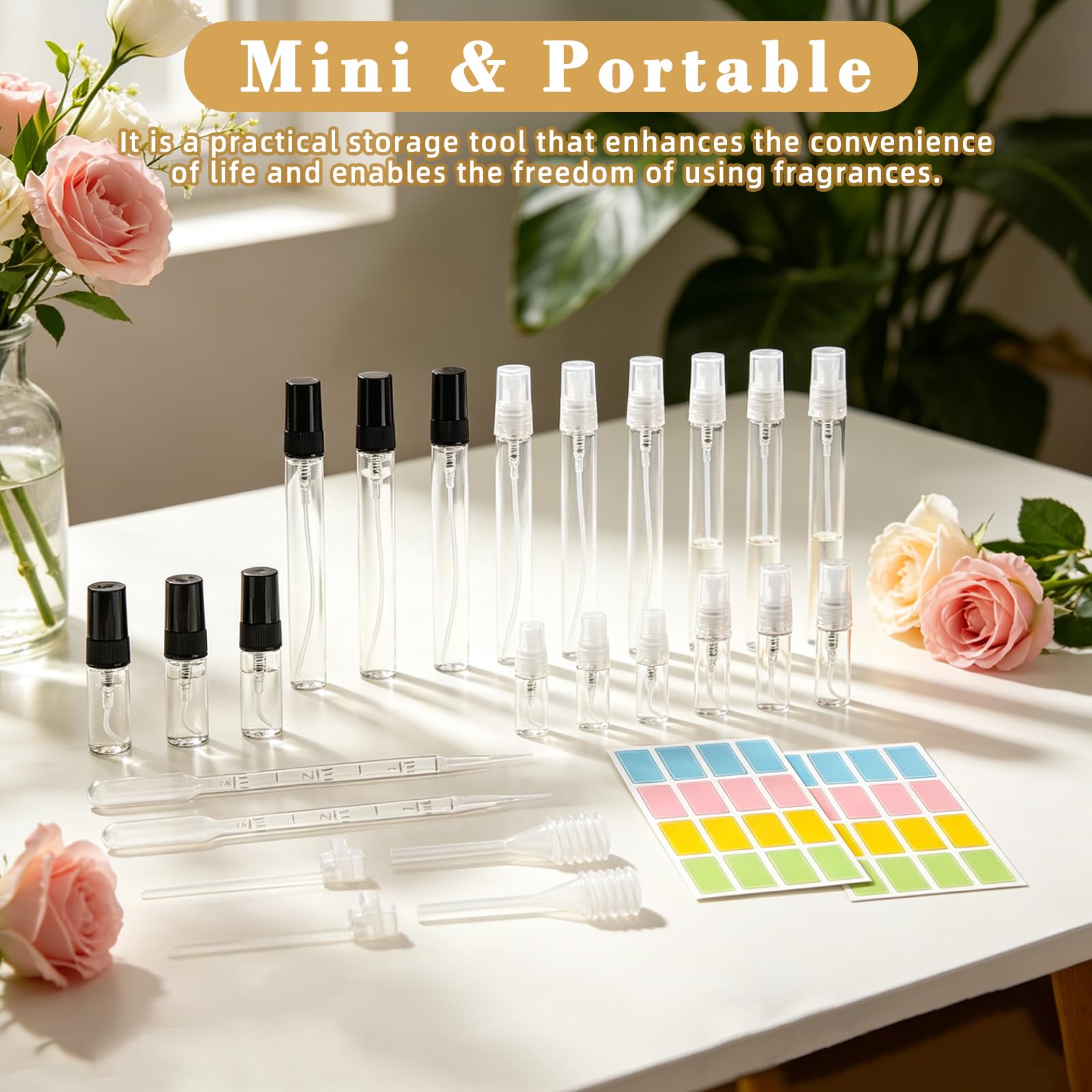 24 sztuki szklanych rozpylaczy do perfum – 2/3/5/10 ml, mini butelka z rozpylaczem, z pipetami i głowicą dociskową, przenośny, mały, przezroczysty atomizer do perfum (czarny/biały)