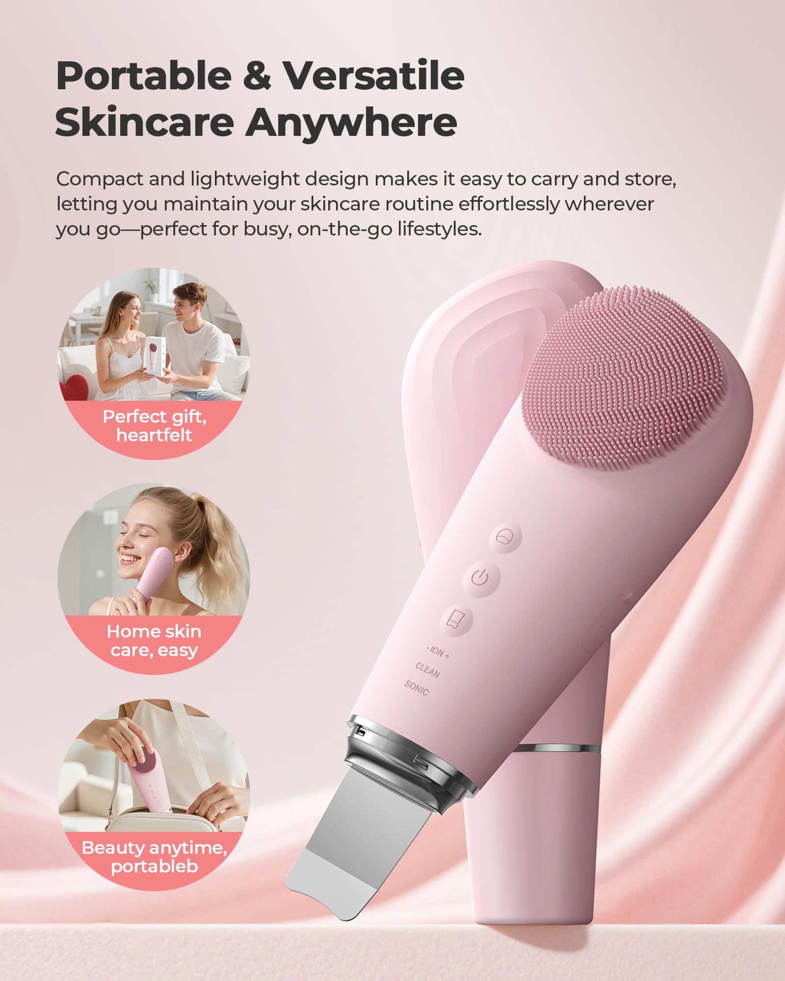 Facial Cleansing Brush, 2 in 1 Firming Massager Facial Skin Scrubber Waterproof Face Scrub for Deep Cleansing Vibrating Exfoliator Scrubber Skin Care with 7 Modes, Gentle Exfoliating - Pink