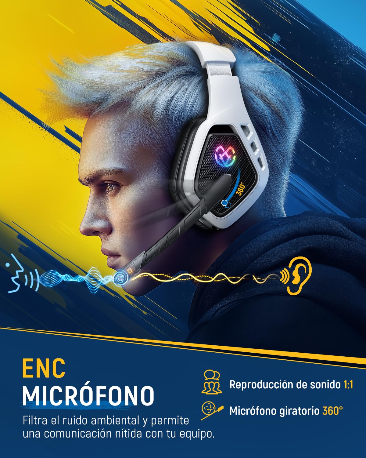 Tatybo Cascos Gaming Inalámbricos 7.1 para Ps5/Ps4/PC, Auriculares Bluetooth con Micrófono con Cancelación de Ruido, 2.4GHz USB-C, 40H+ Batería para Switch/Mac/Portátil