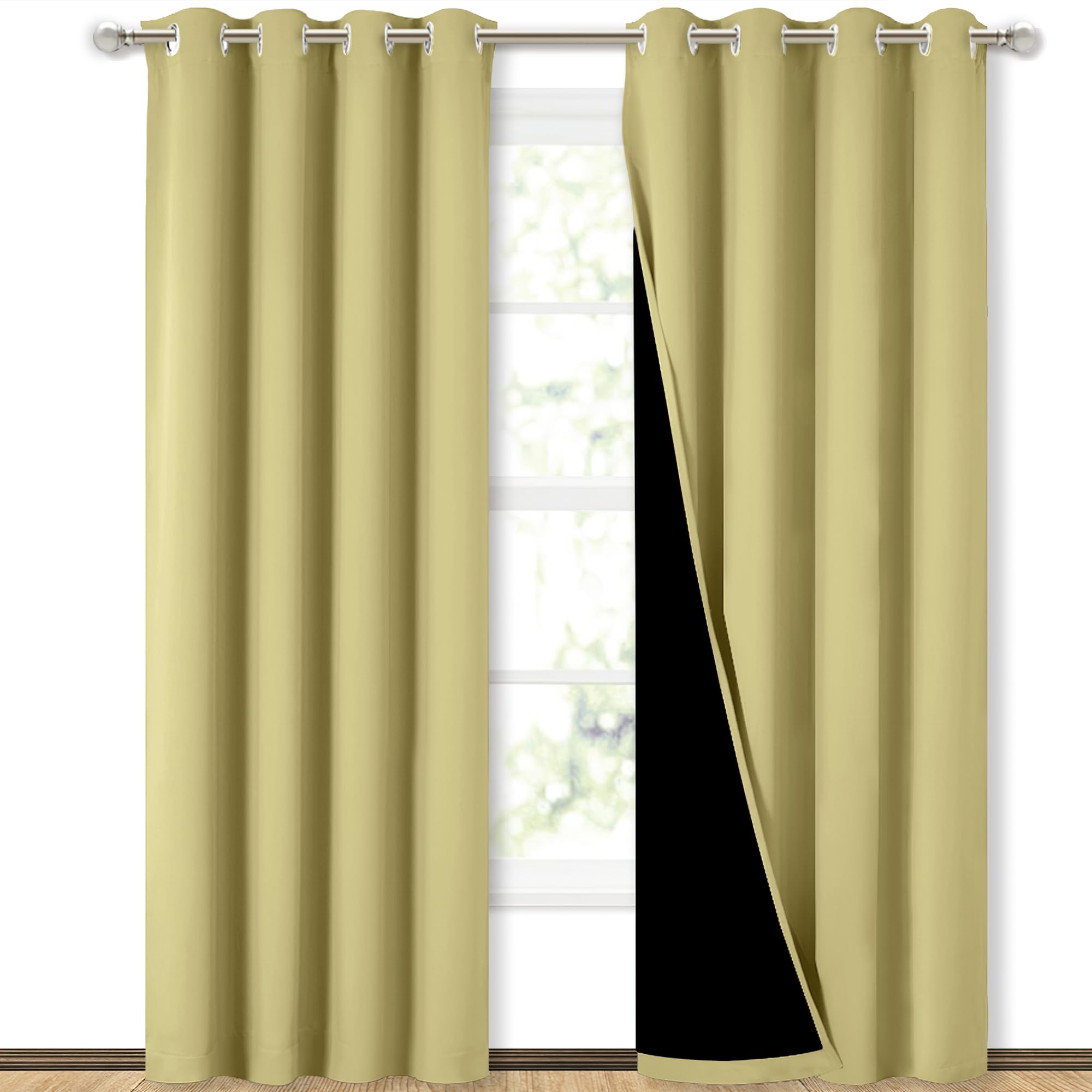 NICETOWN Full Shading Curtains 90" Long 2 Panels Set for Windows, Super Heavy-Duty Black Lined Blackout Curtains for Bedroom, Privacy Assured Window Treatment (Paler Yellow, Pack of 2, 52" W)