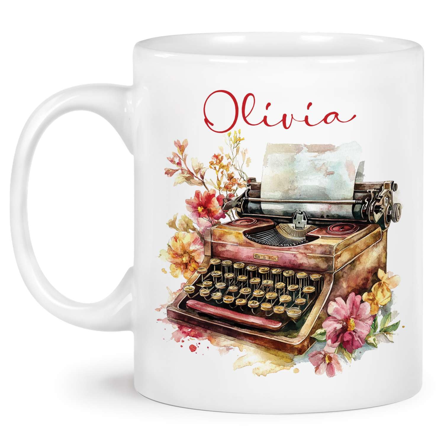 Personalized Vintage Typewriter Coffee Mug, Custom Name Retro Writer White Cup, Gift For Writer, Vintage Item Themed Mug, Customized Typewriter Cup 11oz 15oz, Floral Ceramic Cup