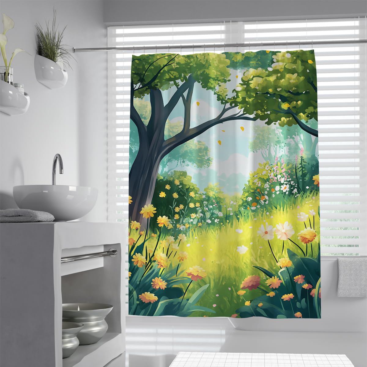 UIRINGART Modern Forest Meadow Shower Curtain W100xL180cm Green Tree Yellow Flower Landscape Mildew Resistant Waterproof Bathroom Curtain With Hooks