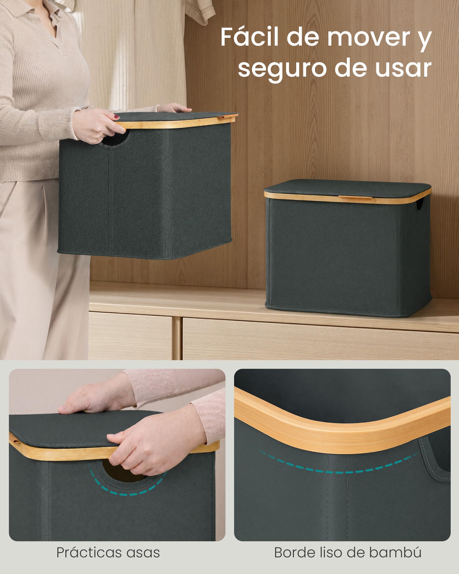 SONGMICS Cesto de Ropa con Tapa, Recogedor de Colada, Ahorra Espacio, Tejido de Oxford, Plegable, Marco de Bambú, Lavadero, Dormitorio y Salón, 40 L, 42 x 32 x 30 cm, Gris Pizarra LCB516GN01
