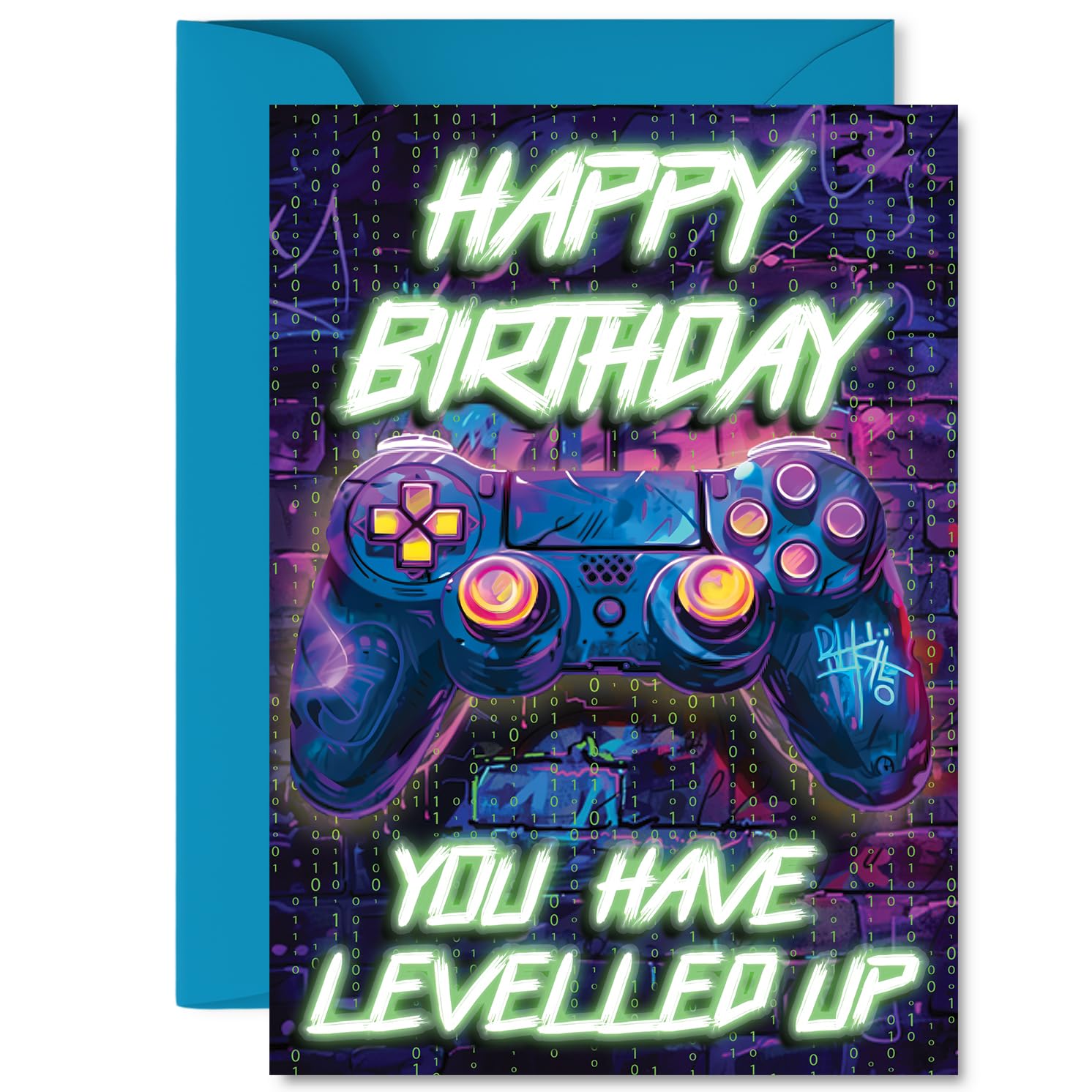 Family Birthday Card - Neon Video Gamer - Happy Birthday Card for Family from Colleague Friends, A5 New Gamer Level A5 Version Bday Greeting Cards