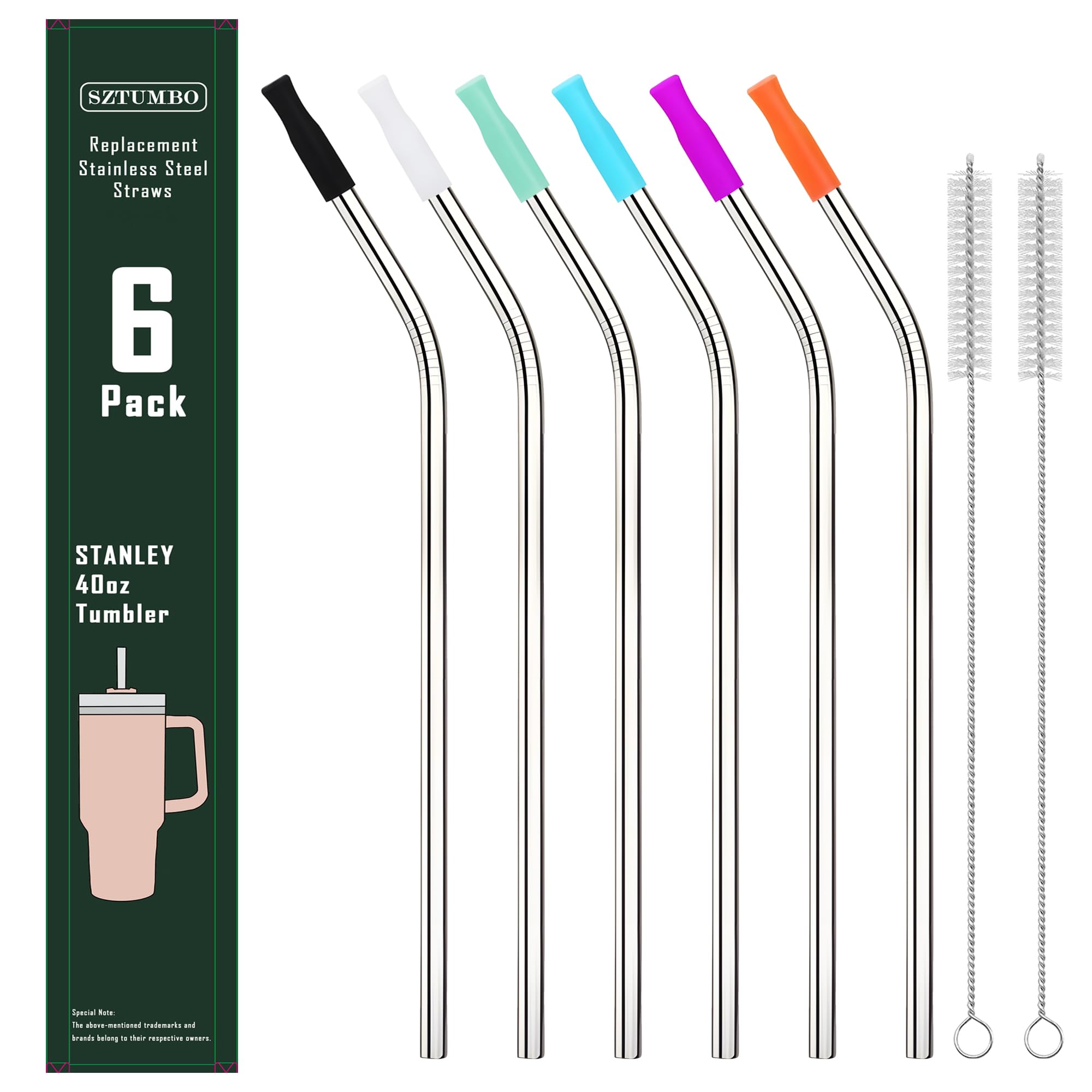 Sztumbo 6 Pcs Bent Reusable Stainless Steel Straws,with 6Silicone Tips and 2Cleaning Brush,for 40oz Stanley,Hydrapeak, 24 oz Starbucks Cup,Simple Modern 32 40oz Tumbler(8mm Silver)