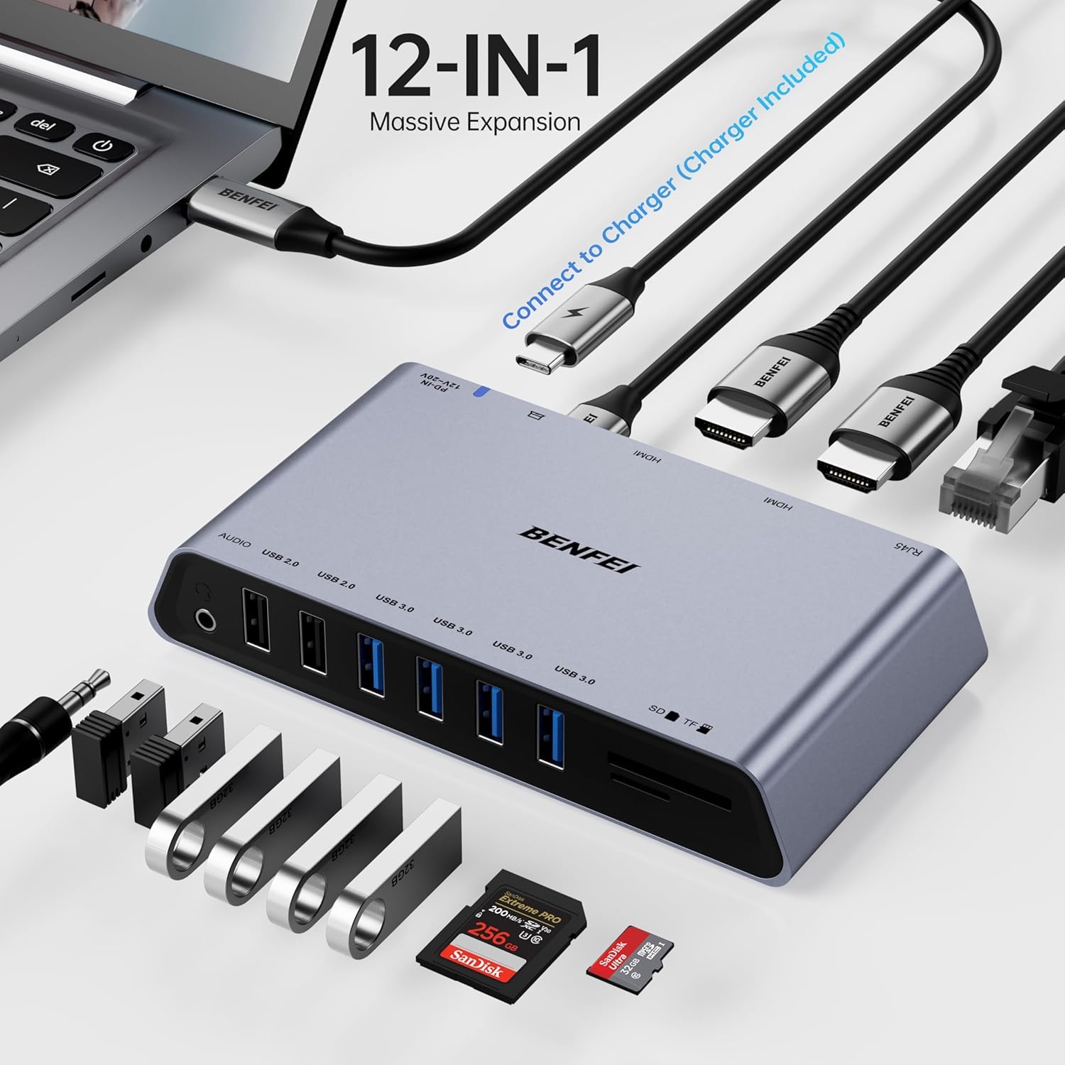BENFEI DisplayLink - Docking station universale USB 3.0 12 in 1 con doppio display HDMI, 6 porte USB, lettore di schede SD/TF, rete Gigabit Ethernet, jack per cuffie femmina da 3,5 mm, compatibile con
