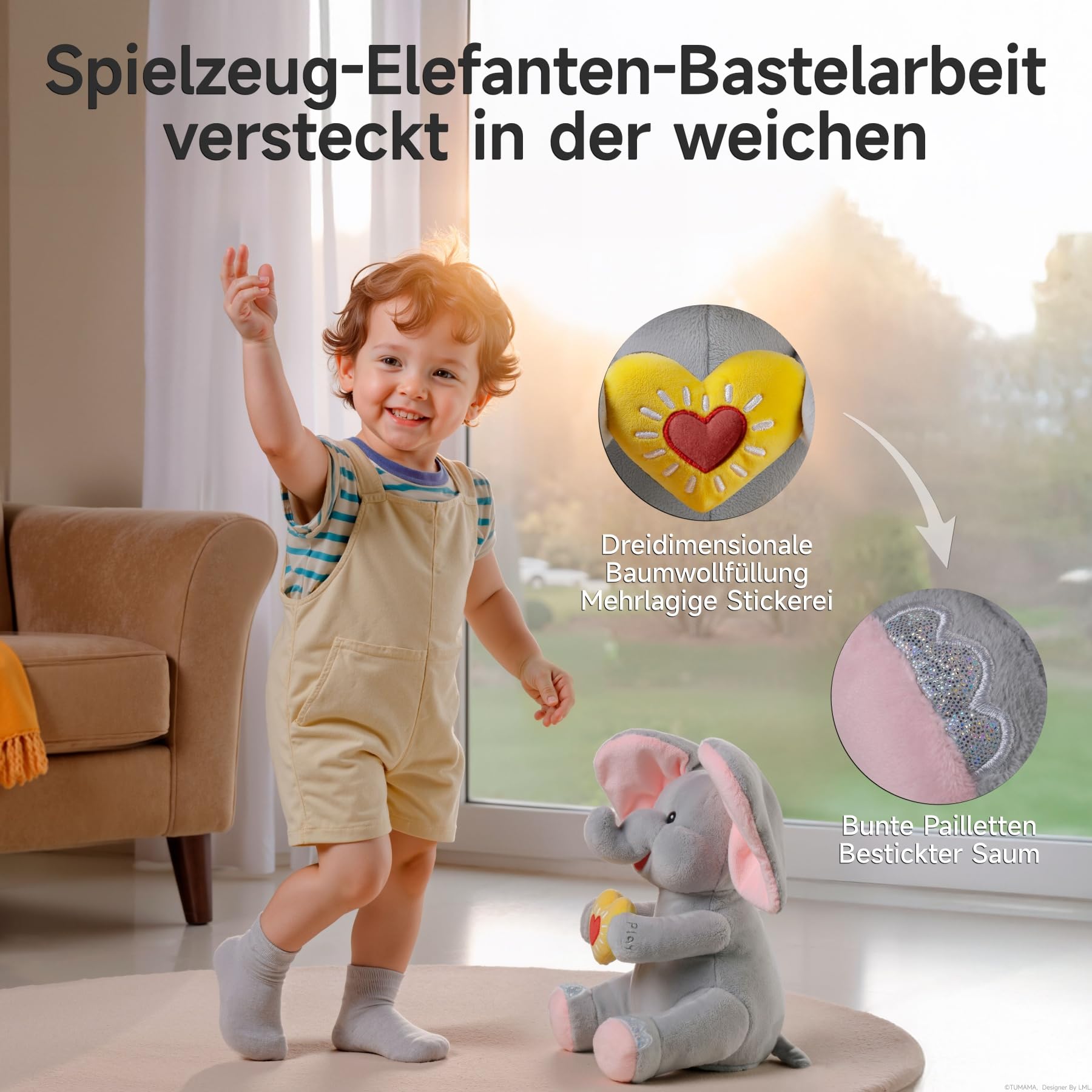 Singender Elefant Kuscheltier spielt Guck, Schlummer Kuscheltier mit Flatterohren für Kinder