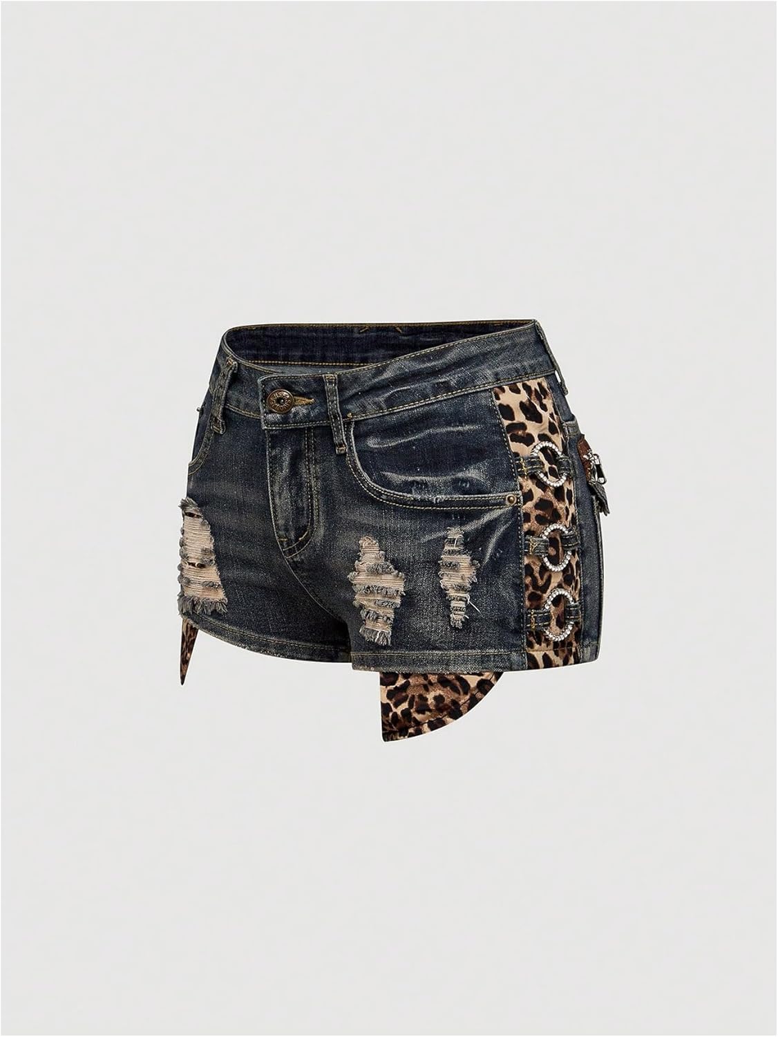 Verdusa Women's Y2K Leopard Distressed Ripped Mini Jean Shorts Rave Club Low Rise Rhinestone Denim Shorts - Image 3