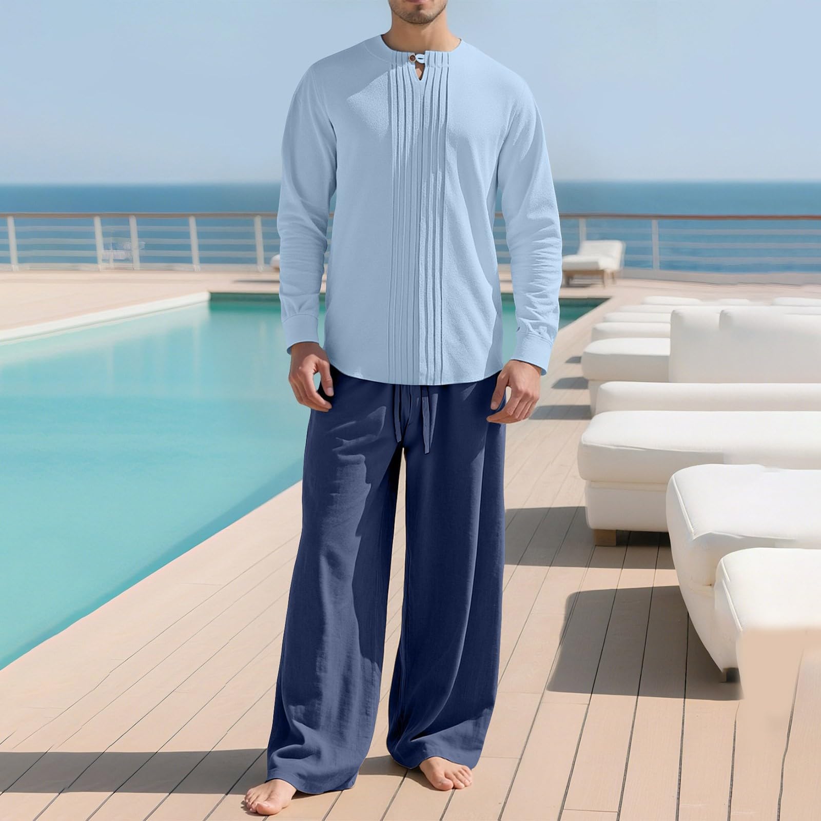 Generisch Tuta da uomo per il tempo libero, 2 pezzi, tuta da casa da uomo, elegante, casual, in tinta unita, in cotone e lino, elasticizzata, traspirante, per il tempo libero, set da jogging