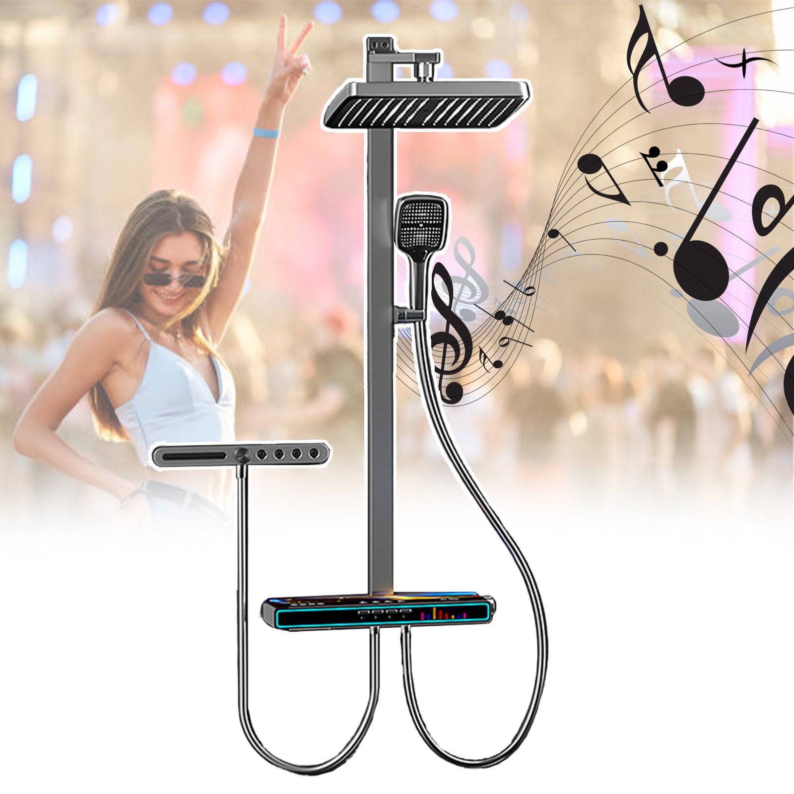 Kit de douche thermostatique complet avec pommeau cascade et mitigeur de douche musical 4000mAh