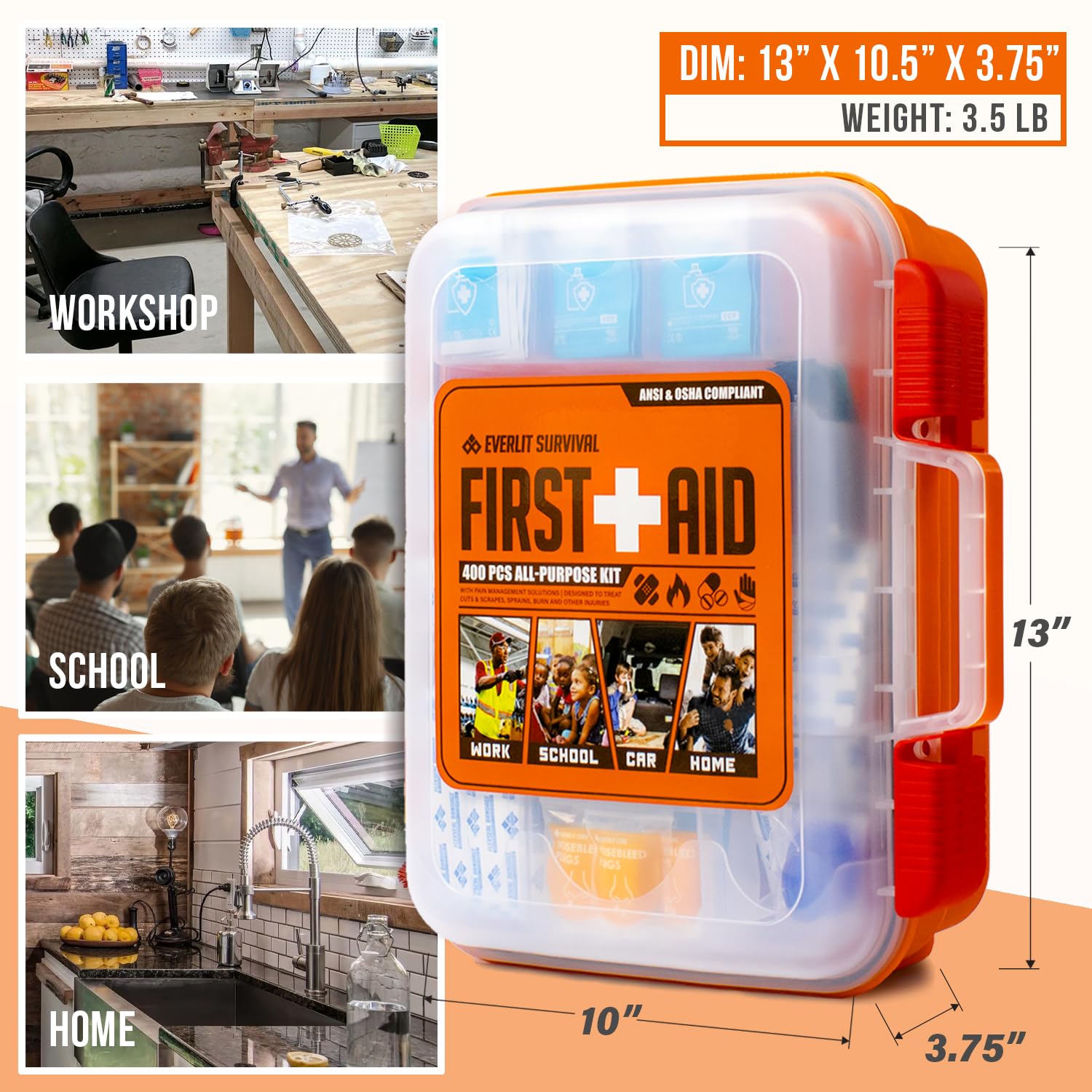 EVERLIT 400 Pcs OSHA Compliant First Aid Kit (Orange) — Amazon image 2