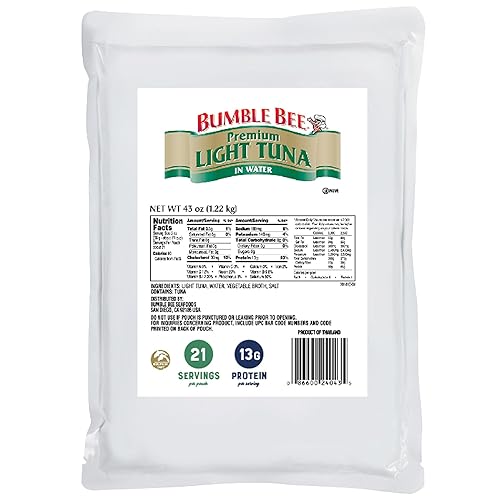 Bumble Bee Chunk Light Atún en agua, bolsa de servicio de alimentos a granel de 43 onzas Atún capturado salvaje 0.46 oz de proteína por porción