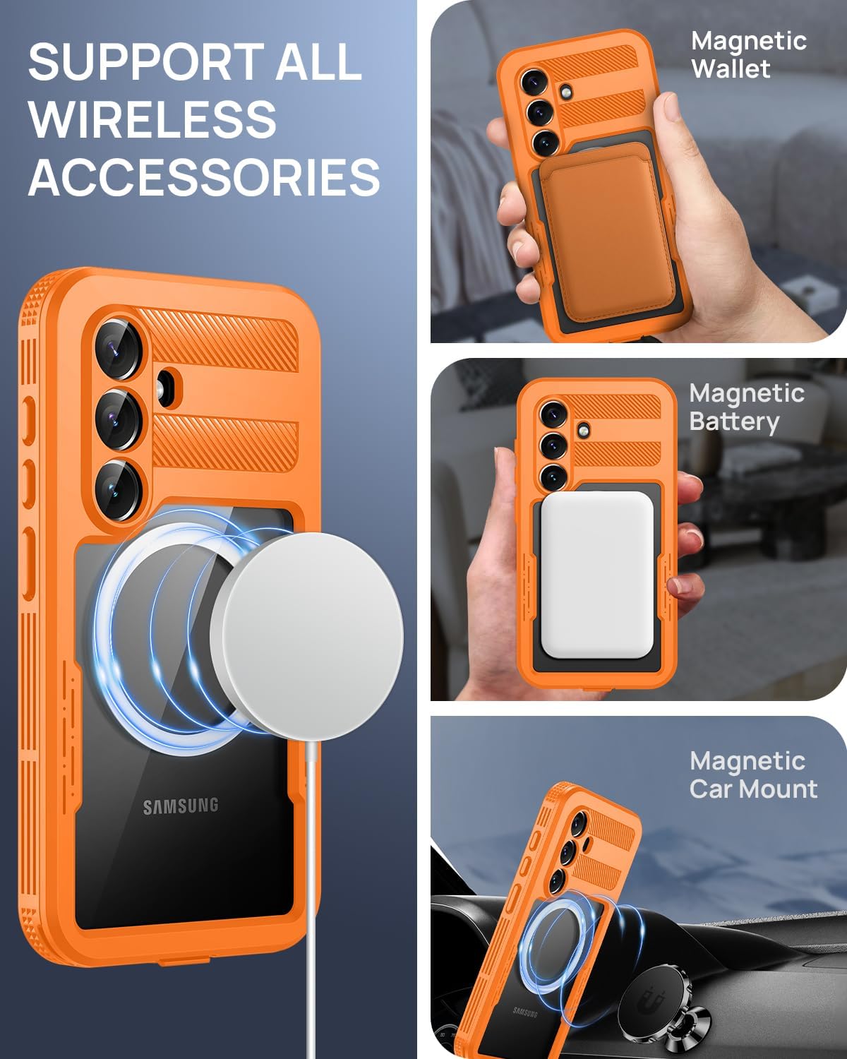 Lanhiem Magnetic for Samsung Galaxy S26 Case, IP68 Waterproof Dustproof Case, [Compatible with Magsafe] [Built-in Screen Protector] Full Body Heavy Duty Rugged Phone Cover 6.3 inch, Cosmic Orange