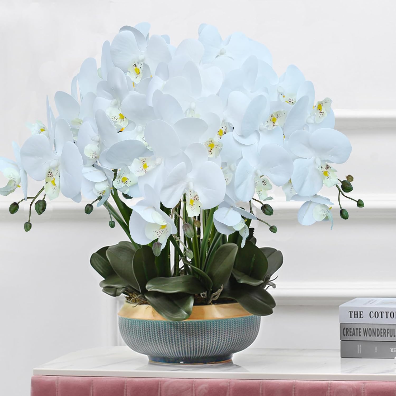 FagusHome 8 Pcs Artificial Phalaenopsis Flowers 32 Inch Artificial Orchid Flowers Fake Flowers Stem Plants for Home Décor (White)