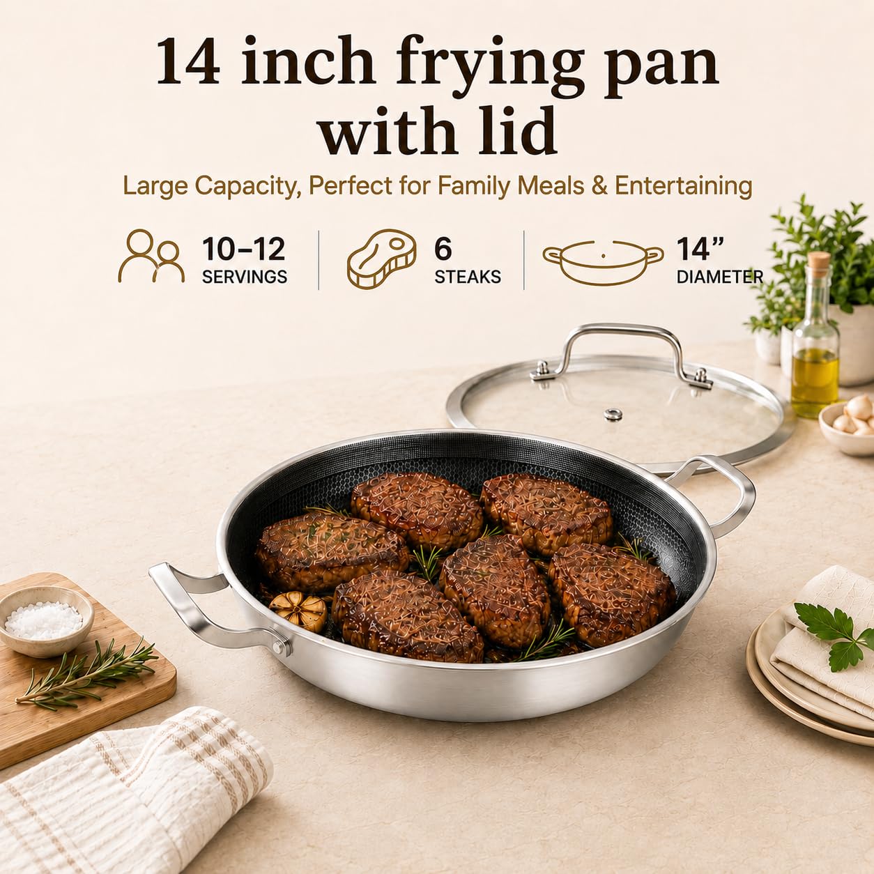 DELARLO Paellera antiadherente de acero inoxidable de tres capas de 35,5 cm, sartén grande para cocina, sartenes, horno de inducción y lavavajillas
