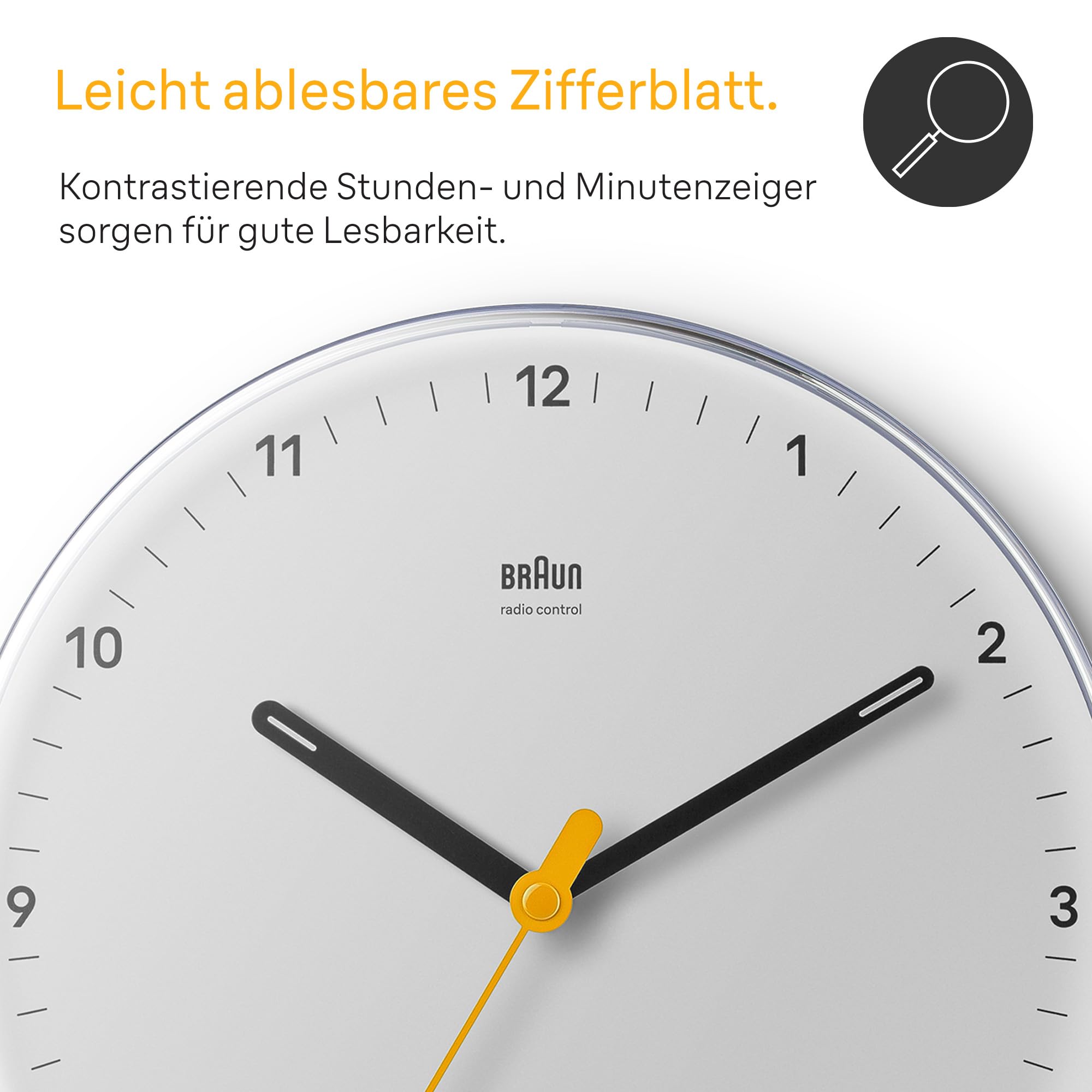 Braun Klassische Funk-Wanduhr mitteleuropäische Zeitzone (DCF/GMT+1) mit Schwenkwerk, leicht ablesbar, 23 cm Durchmesser in Weiß, Modell BC26W-DCF.