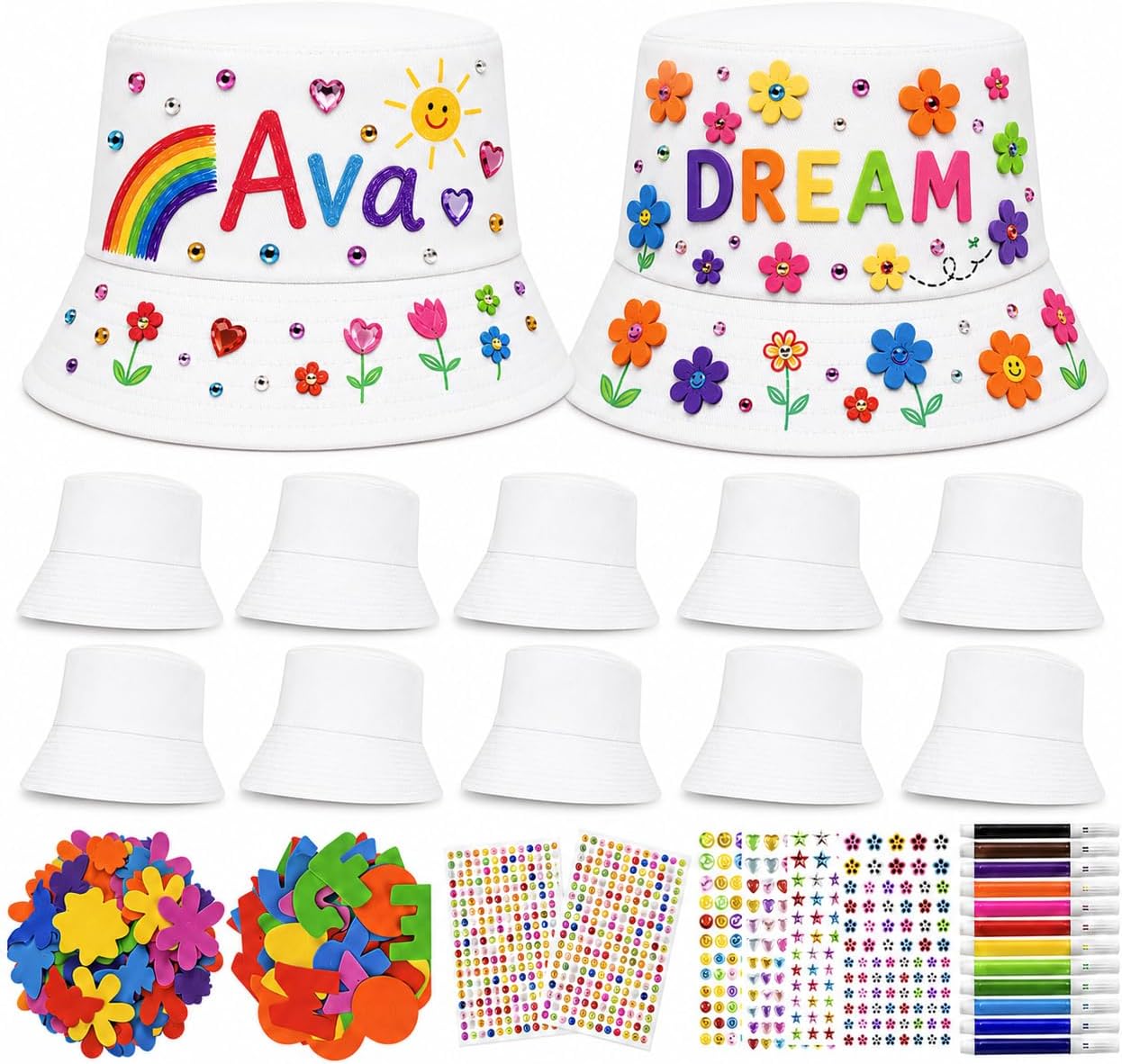 Cinrobiye 12 Set DIY White Bucket Hats Bulk, Decorate Your Own Bucket Hat Craft Kit with Gem Stickers and EVA Letter Stickers for Back to School Birthday Party Classroom Beach Outdoor Activities
